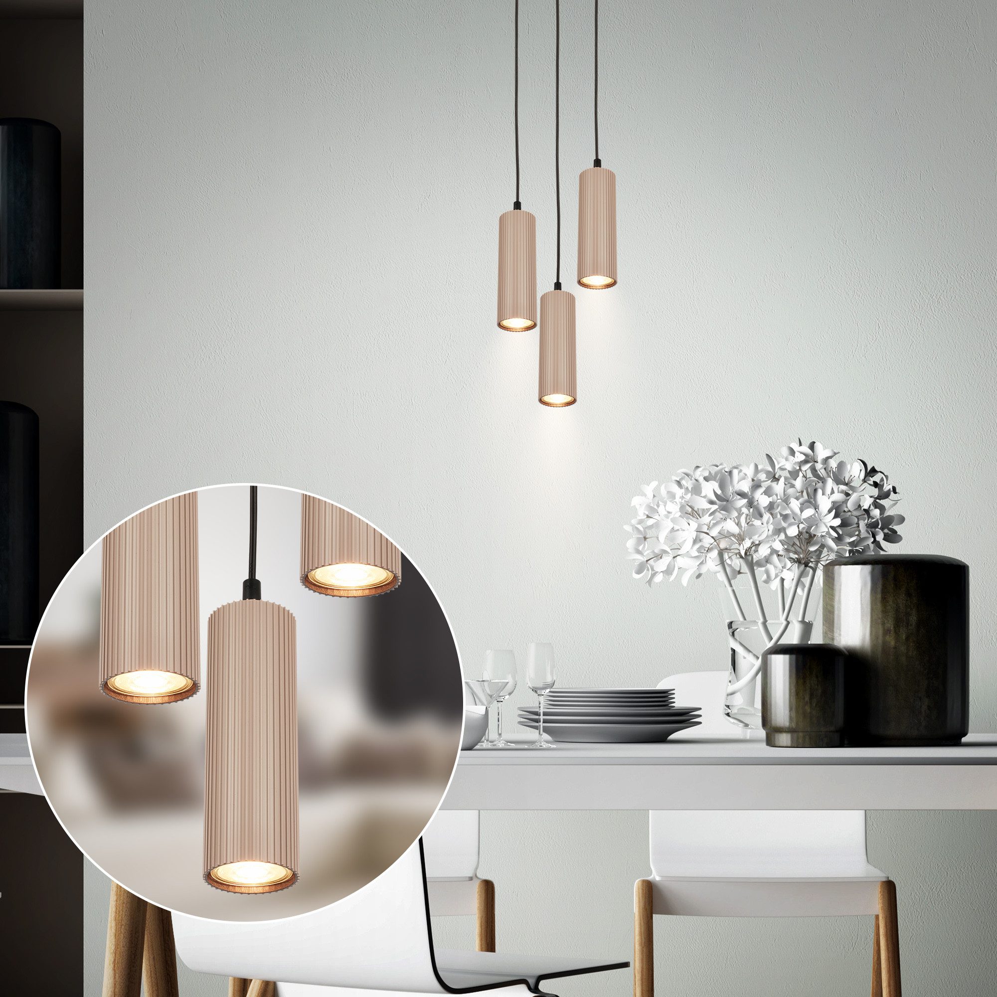 Briloner Leuchten LED Pendelleuchte Hängelampe Höhenverstellbar GU10 Riffle-Optik, 3-Flammig, ohne Leuchtmittel, Abhängig vom Leuchtmittel, 20x120 cm, Esszimmer, Esstisch, Wohnzimmer
