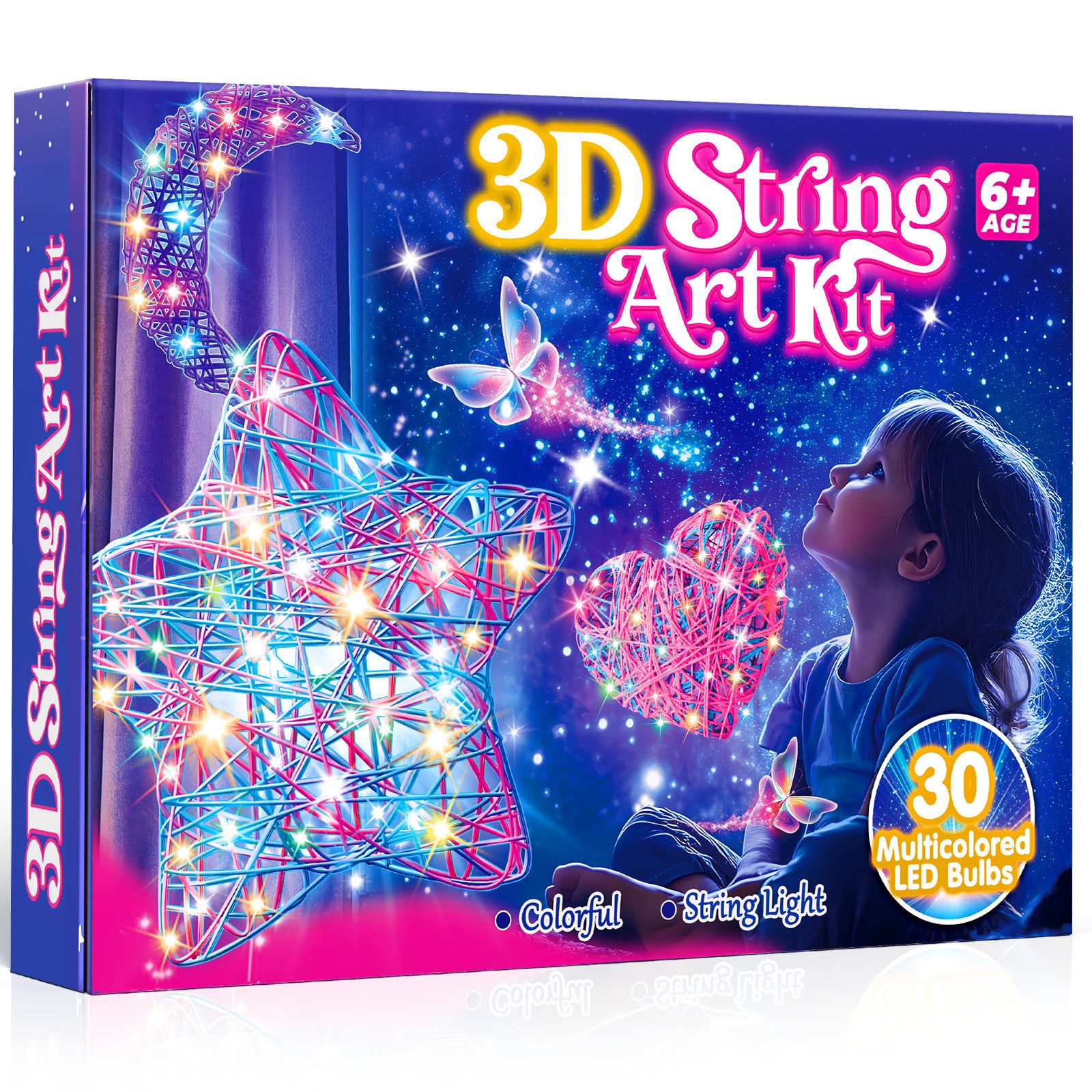 Wootoy Kreativset DIY String Art Bastelset mit Lichterkette Bastelgarn 3D-Fadenkunst-Set, (mit 3 Ballonformen 3 Farbverlauf-Garnen und Bastelzubehör, 3-tlg., Handschuhe unterstützen sauberes Arbeiten), für kreative Bastelprojekte und individuelle Leuchtde
