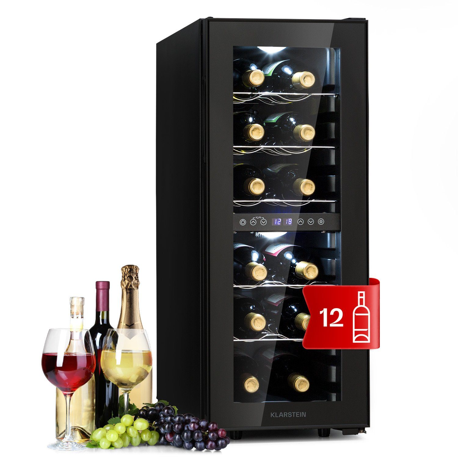 Klarstein Weinkühlschrank Shiraz 12 Duo Weinkühlschrank 2 Zonen 12 Fl 42L 5-12/12-18°C Touch, für 12 Standardflaschen á 0,75l,Flaschenkühlschrank Weintemperierschrank Weinschrank für Rot- & Weiß