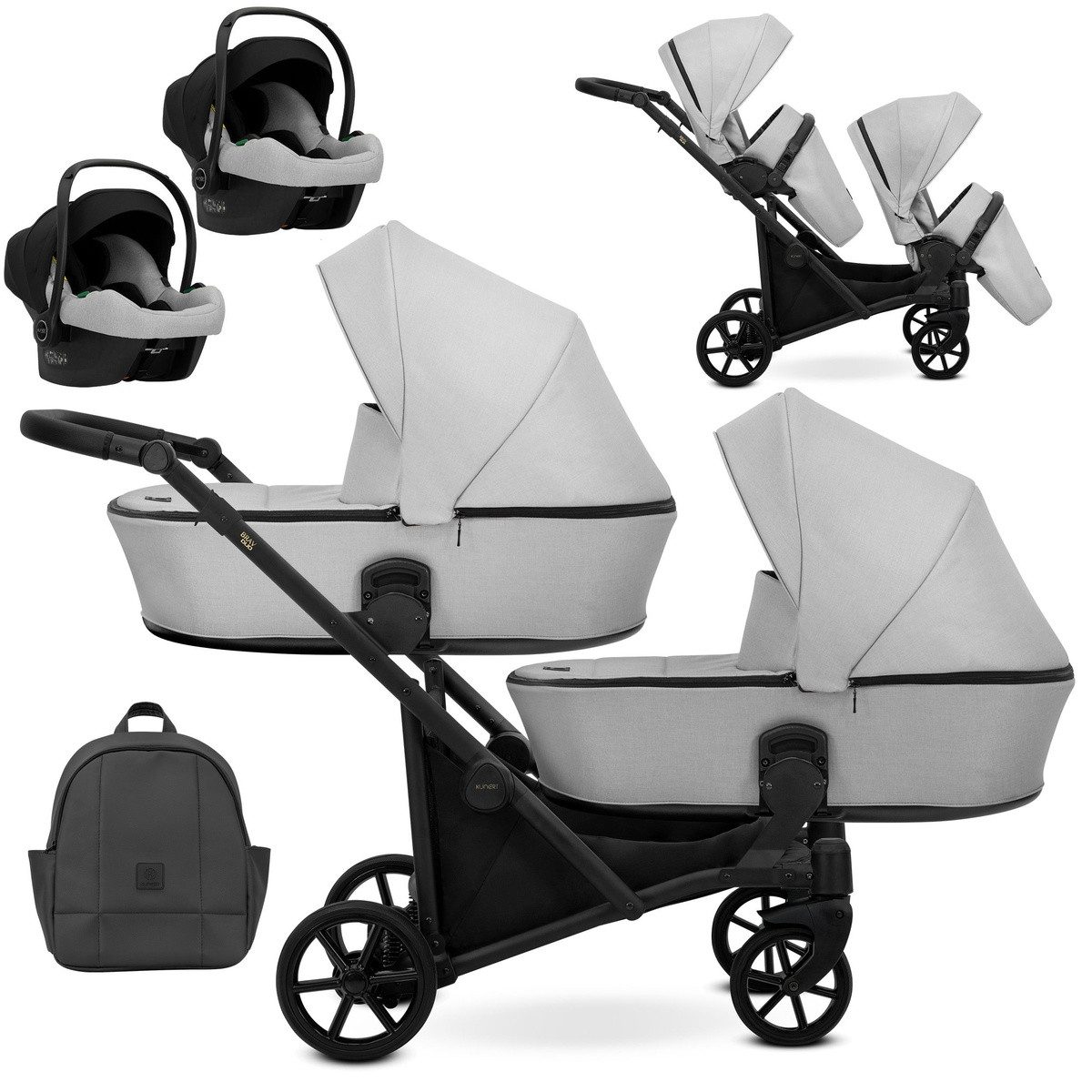 KUNERT Zwillings-Kombikinderwagen BRAV DUO 3 in 1 Doppelkinderwagen mit 2x Cosmo Babyschalen, 12 Konfigurationen, leichter Aluminiumrahmen, große Ablagefächer