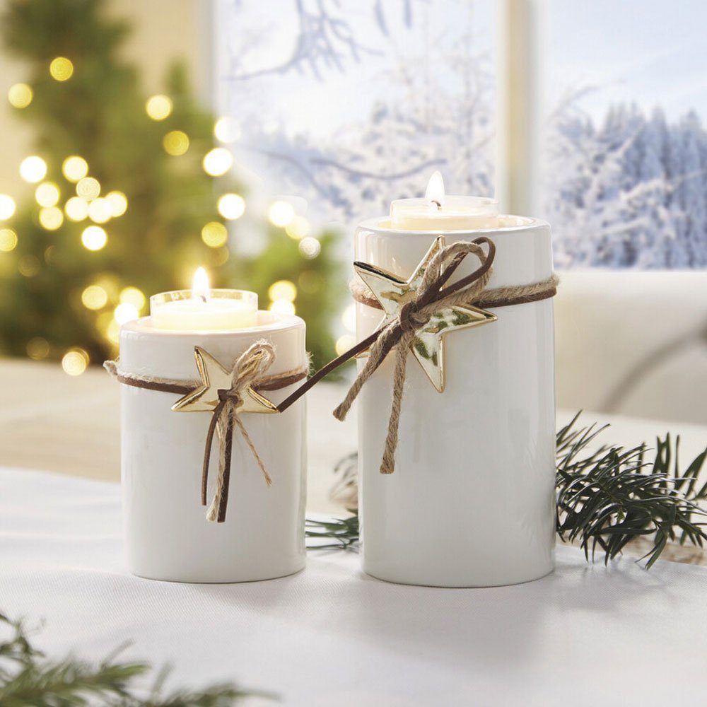 Home-trends24.de Teelichthalter Teelichthalter Kerzenhalter Gold Weiß  Weihnachten Weihnachtsdeko 2er (2 St)
