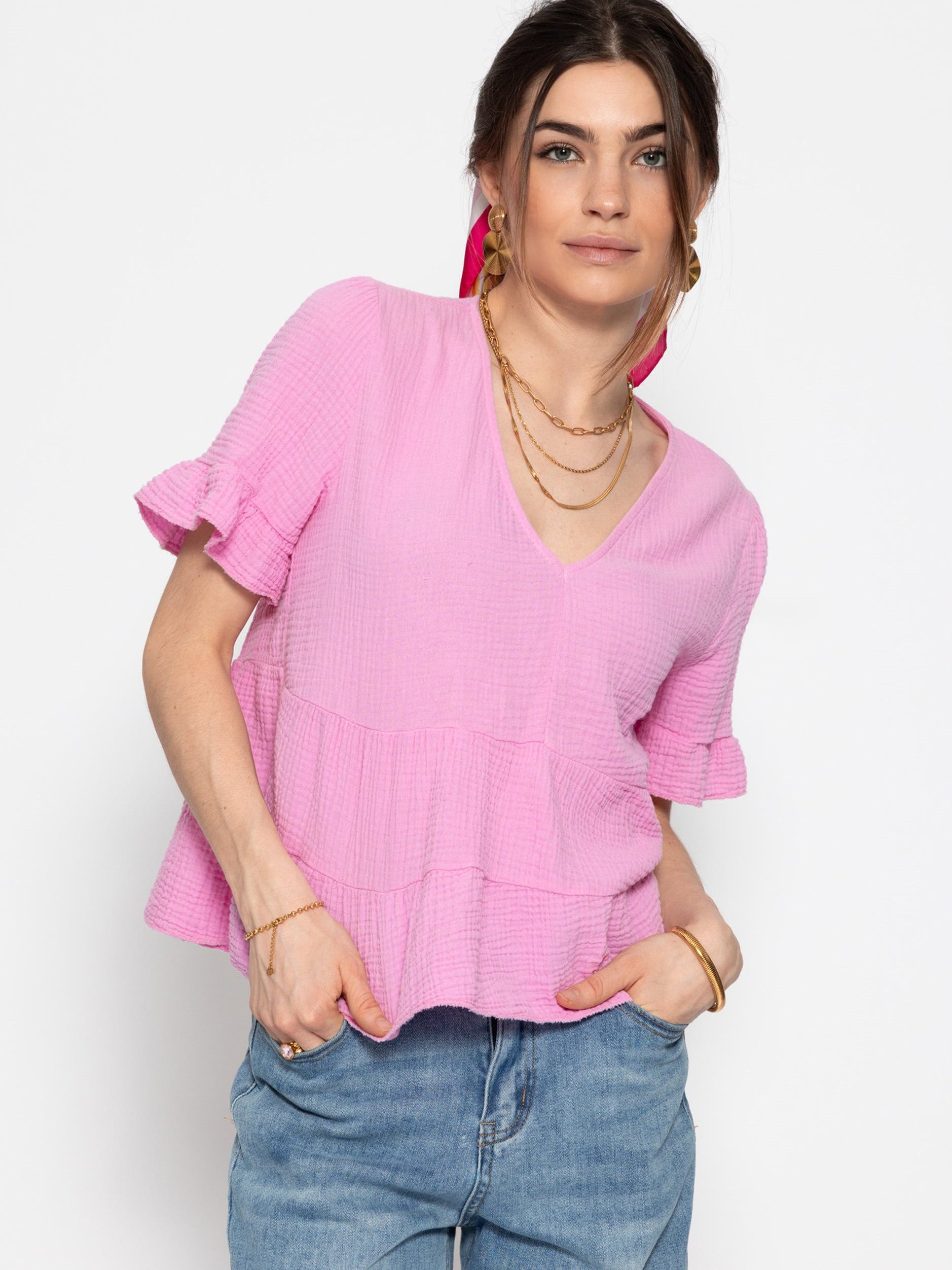 SASSYCLASSY Kurzarmbluse Luftiges Musselin Shirt Damen mit Volants Musselin günstig online kaufen