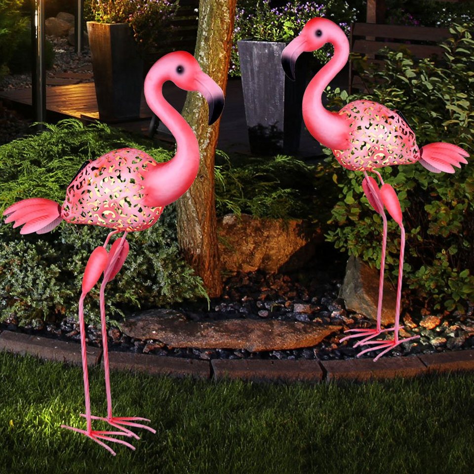 etc-shop LED Dekofigur, LED-Leuchtmittel fest verbaut, 2x LED Außen Solar  Steh Leuchten Erdspieß Stand Deko Flamingo