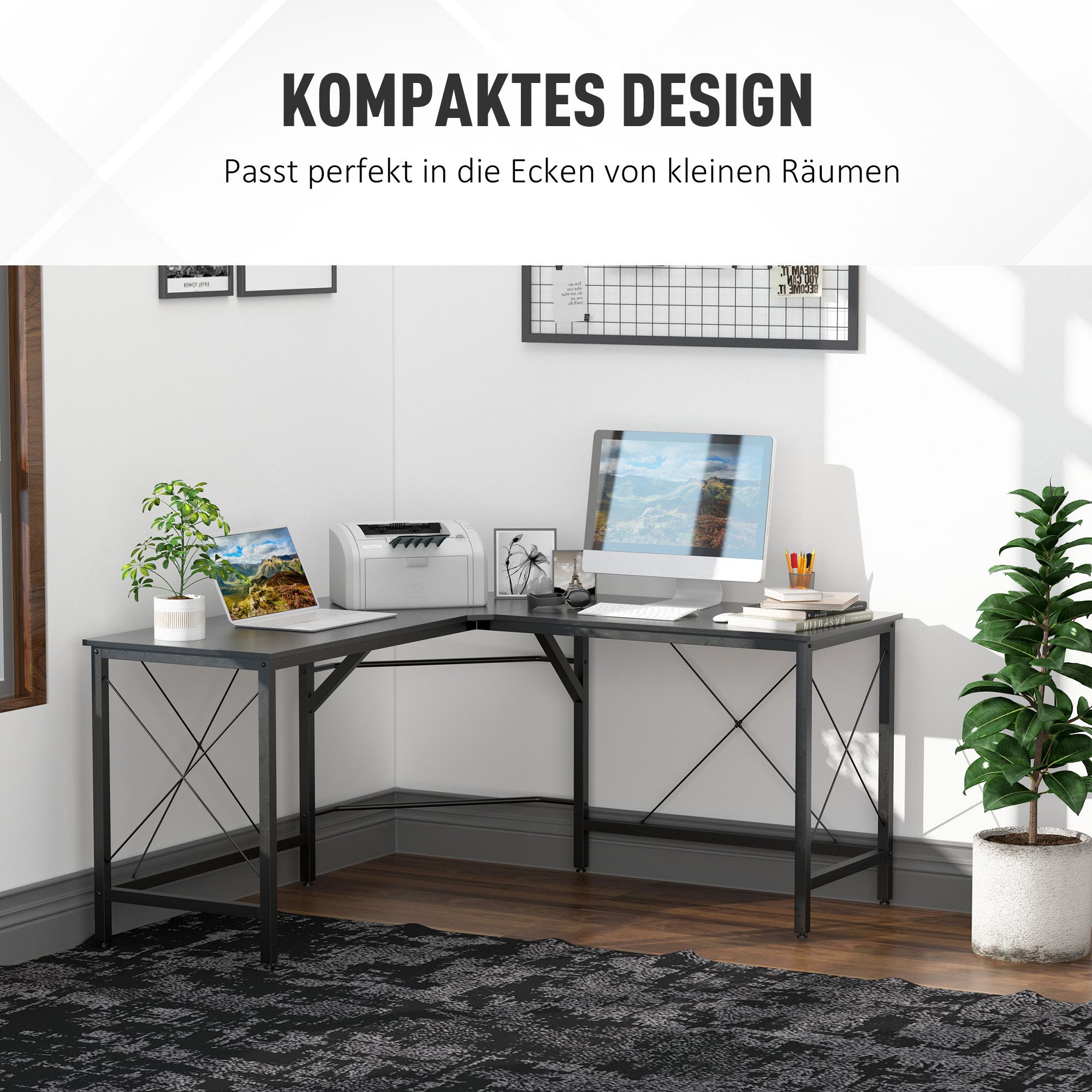 HOMCOM Eckschreibtisch Computertisch Schreibtisch L-Form Winkelschreibtisch (PC-Tisch, 1-St., Computetisch), MDF Schwarz 150 x 150 x 76 cm – Bild 4 von 5