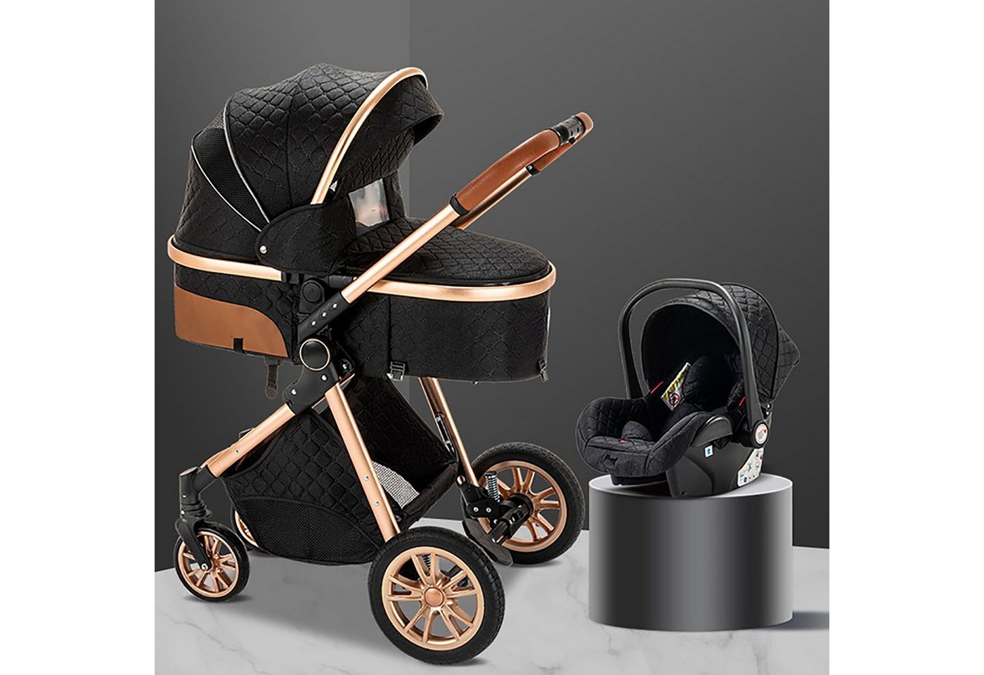 TPFFamily Kombi-Kinderwagen Babyschale Baby Buggy Babywanne Windeltasche, Moskitonetz Regenschutz Kinderwagen 3 in 1 inkl. Zubehörset Schwarz