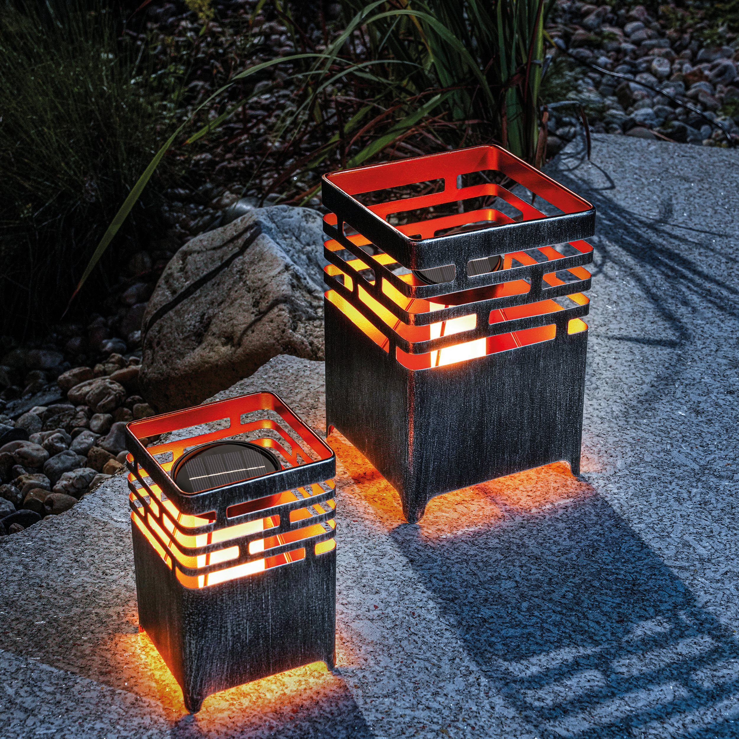 esotec LED Windlicht 2x Metall Solarleuchten Feuerstelle Lagos 12LEDs Flammenlicht 102786, LED fest integriert