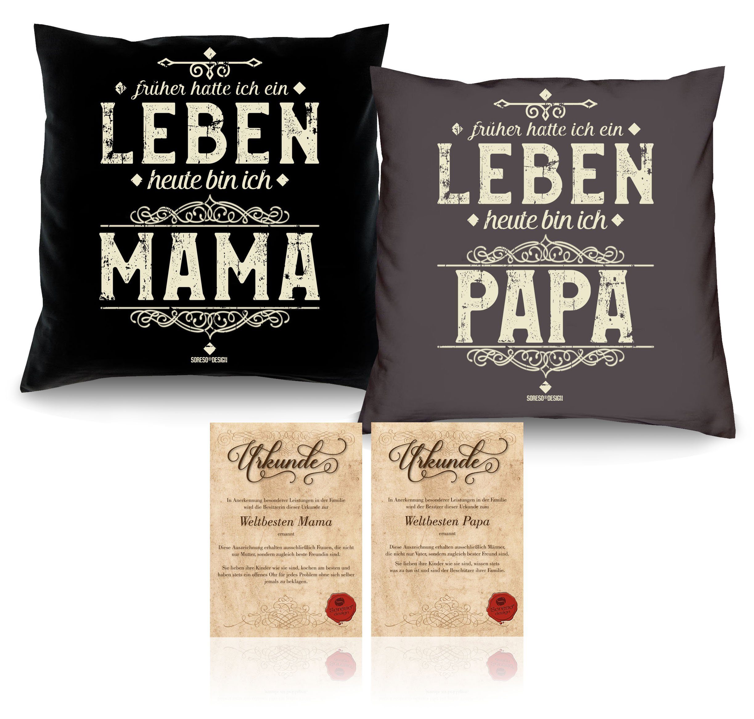 Weihnachtsgeschenk Geschenke ich Heute Kissen-Set Dekokissen bin bin Urkunden, ich Papa Soreso® mit Mama Heute Idee anthrazit Eltern