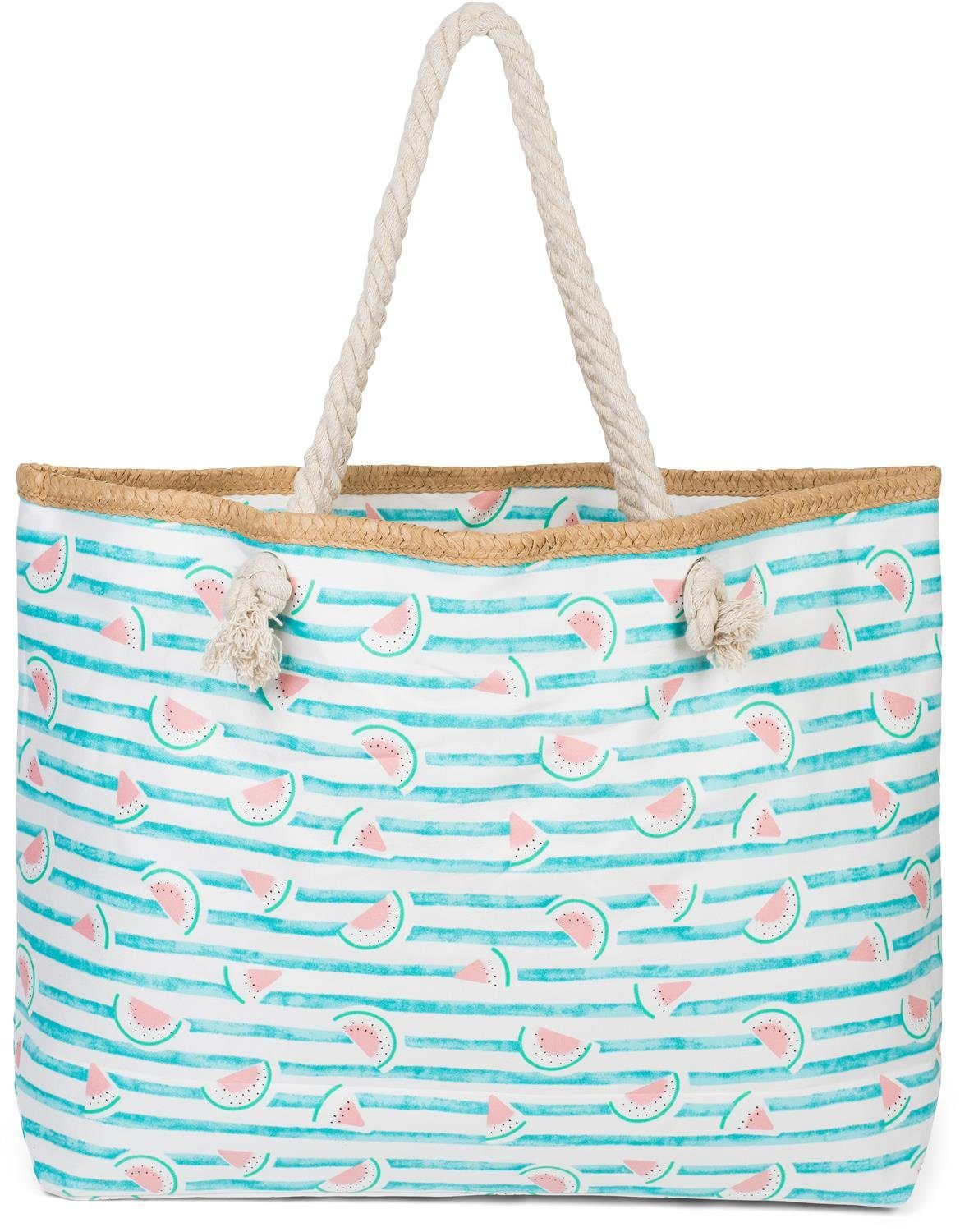 styleBREAKER Strandtasche (1-tlg), Strandtasche mit Streifen und Melone Print Türkis-Weiß