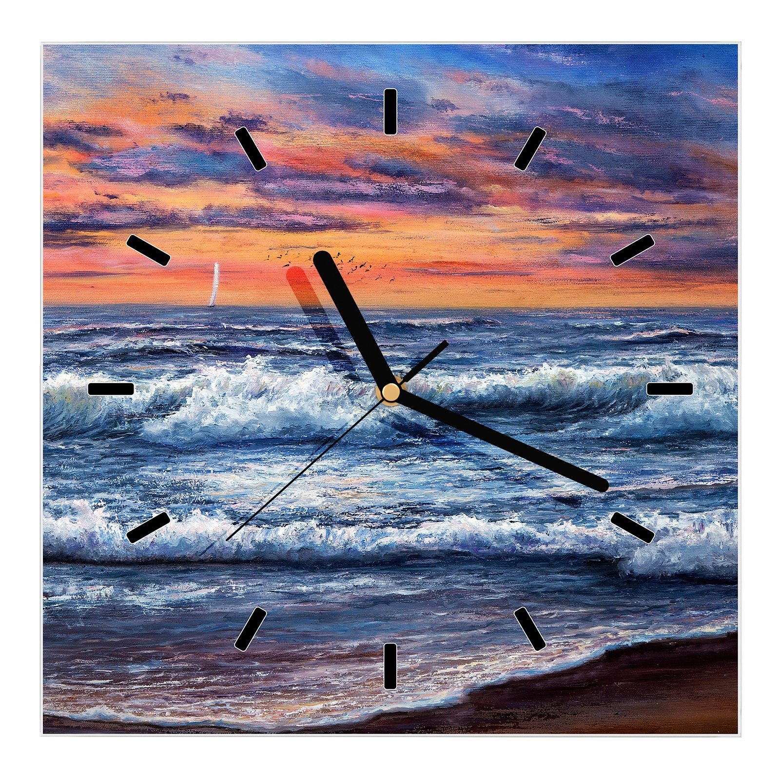 Motiv x über Wanduhr Primedeco 30 Ozean mit Wandkunst Sonnenuntergang Glasuhr 30 cm Größe Wanduhr