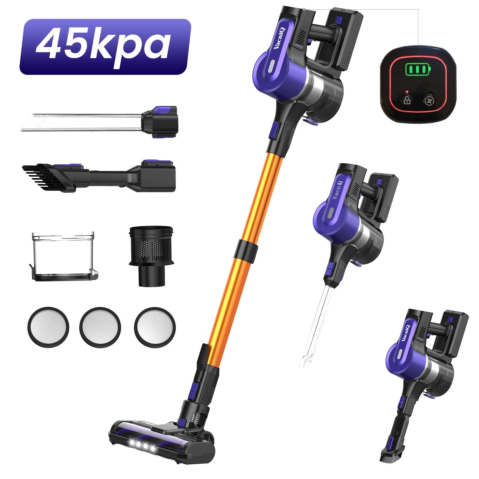 VacniQ Akku-Hand-und Stielstaubsauger Akku Staubsauger Tierhaare,45 kPa,Akku Handstaubsauger, Kabelloser, 450 W, beutellos, Batterieladestation und multifunktionaler Ersatzaufsatz