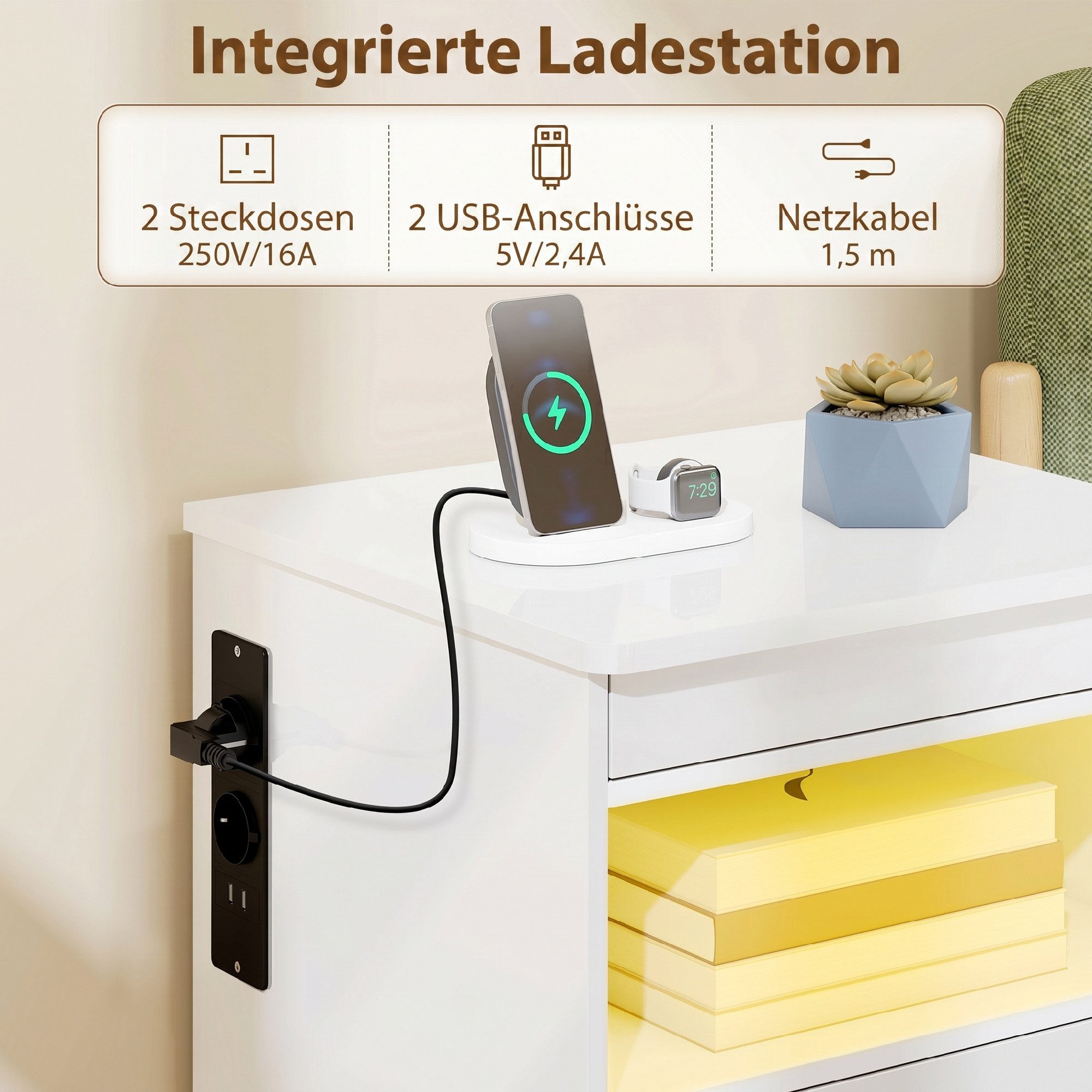 HOMCOM Nachttisch Beistelltisch Nachtschrank mit 2 Schubladen, 1 Offenem Fach (Nachtschrank, 1-St., 1 Tisch), mit Ladestation, RGB-LED, Hochglanzoberfläche – Bild 4 von 5