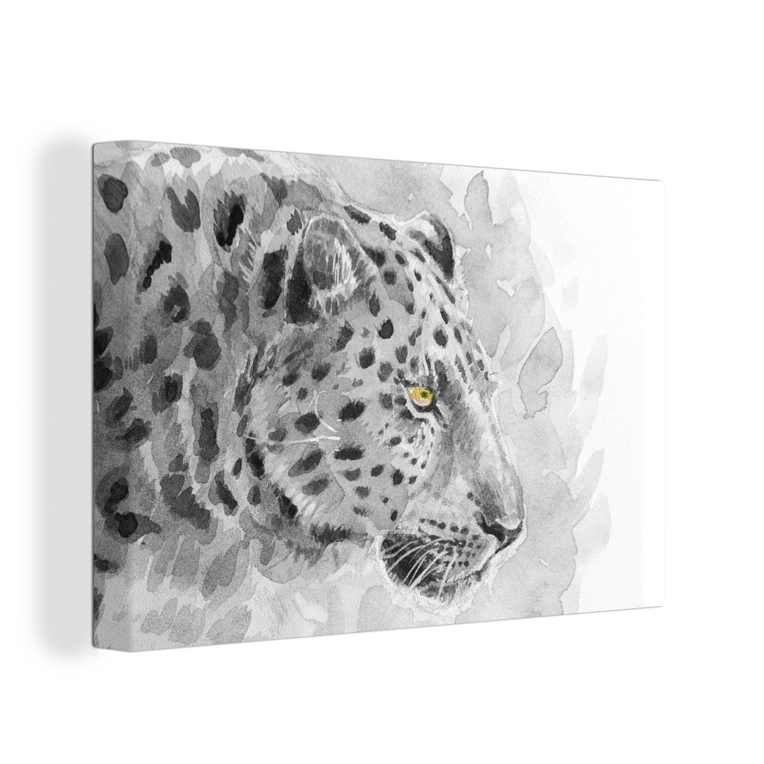 Wandbild Weiß OneMillionCanvasses® - Aufhängefertig, Leopard (1 - Profil, 30x20 cm St), Wanddeko, Schwarz Leinwandbild - Leinwandbilder,