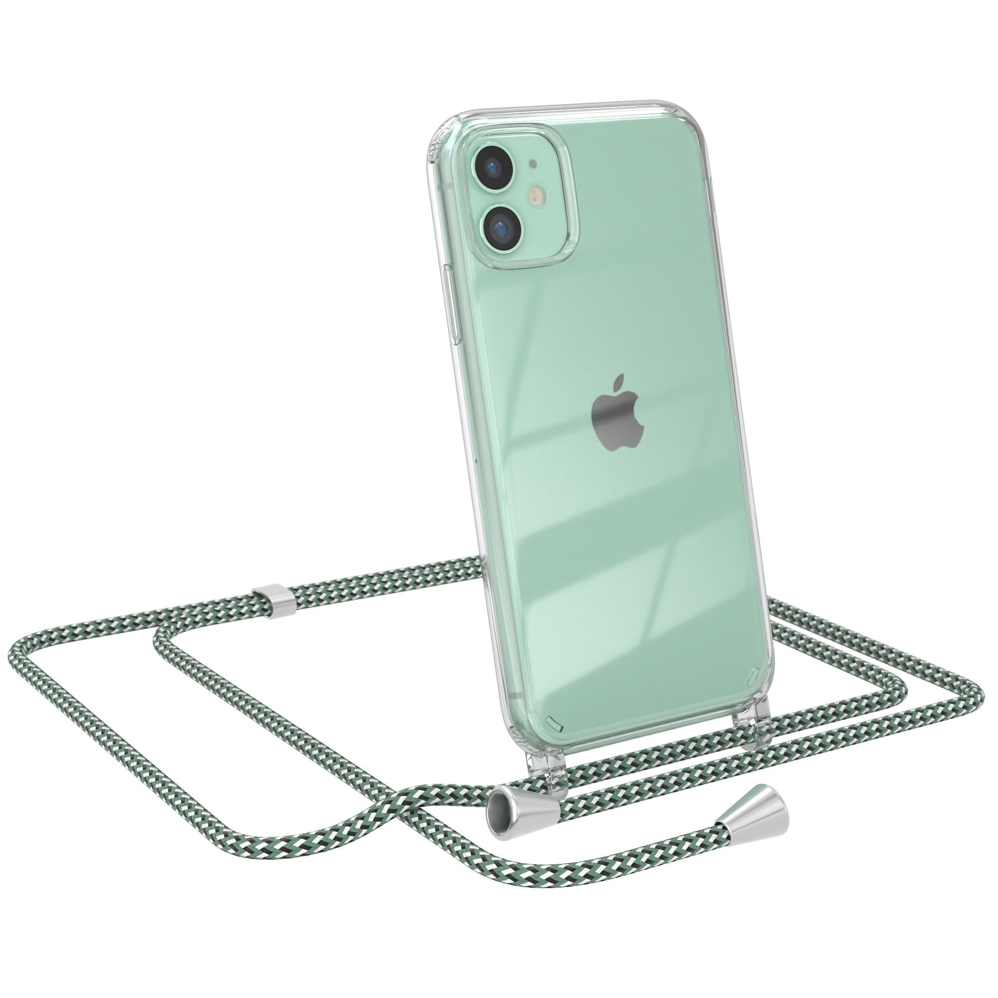 EAZY CASE Handykette Hülle mit Kette für Apple iPhone 11 6,1 Zoll, Kettenhülle zum Umhängen Tasche Cross Bag Handykordel Cover Grün Weiß
