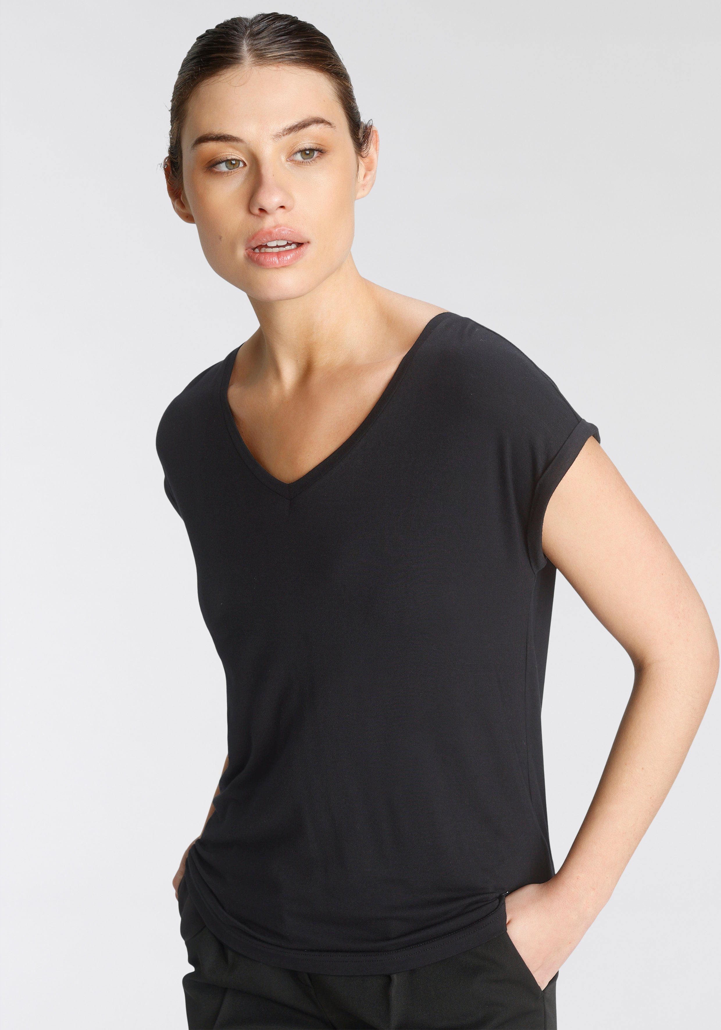 schwarz V-Shirt Passform Tamaris lockerer mit eco