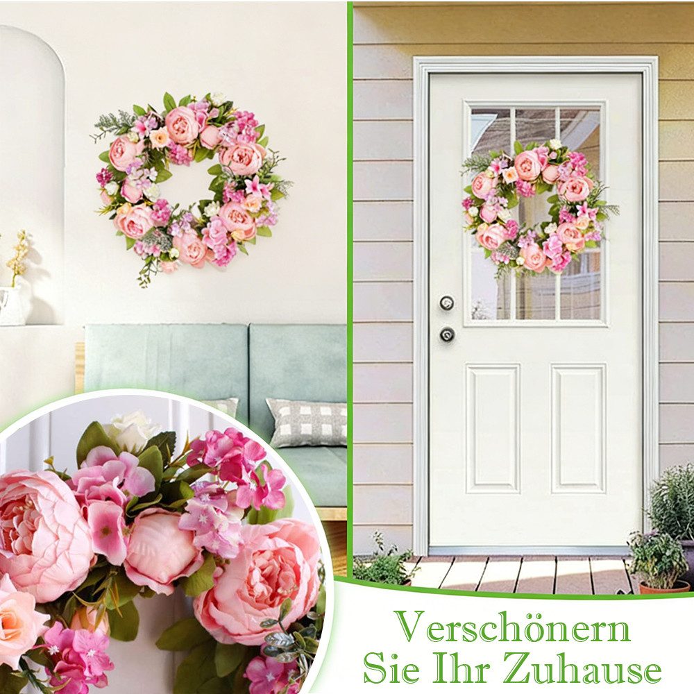 TUWENA Dekokranz Künstlicher Türkranz Dekoration, Pfingstrose Blume Haustürkranz, für Frühling und Sommer All Seasons Blumenkranz Runde Reisig