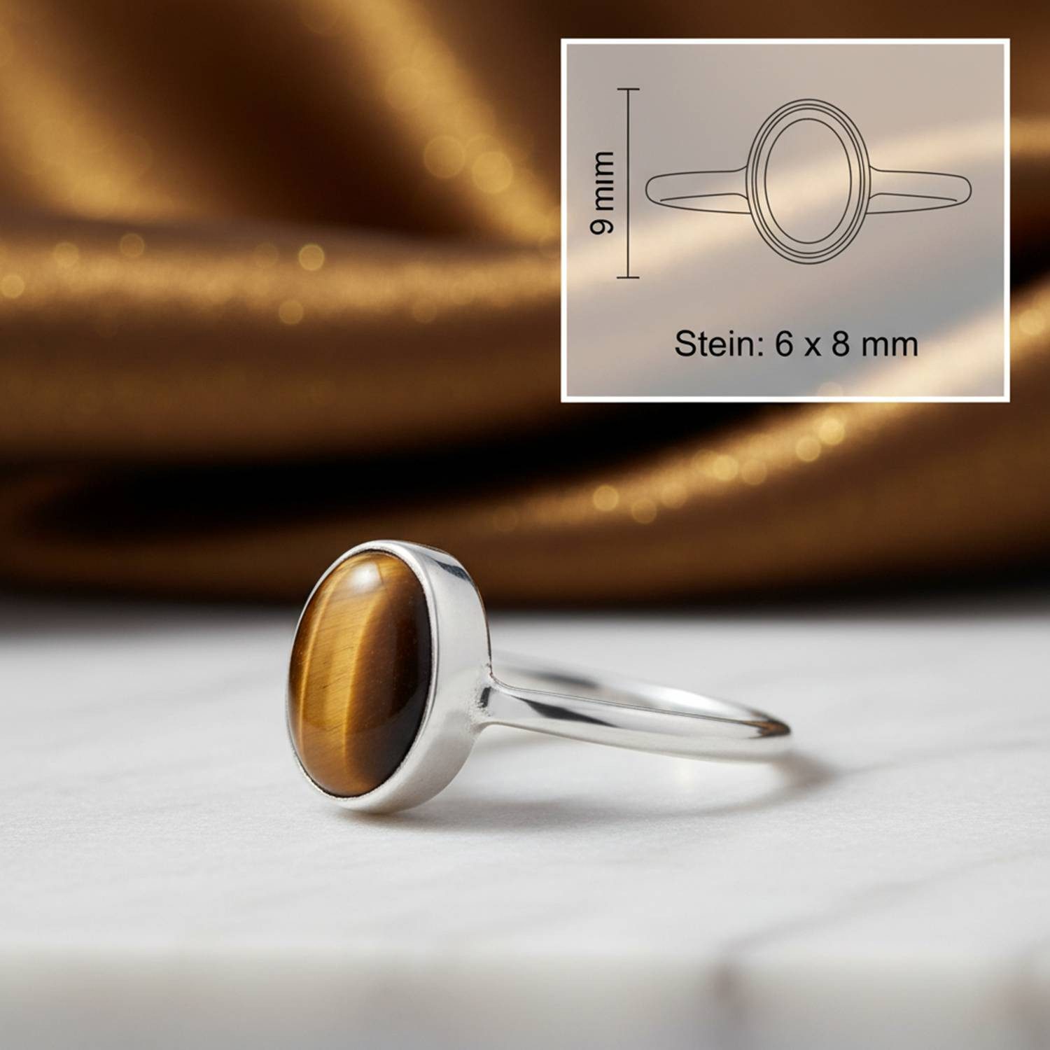 mantraroma Silberring SAMA oval aus 925 Silber mit Tigerauge (Ring mit Schmuckbeutel), Damenring aus 925er Silber