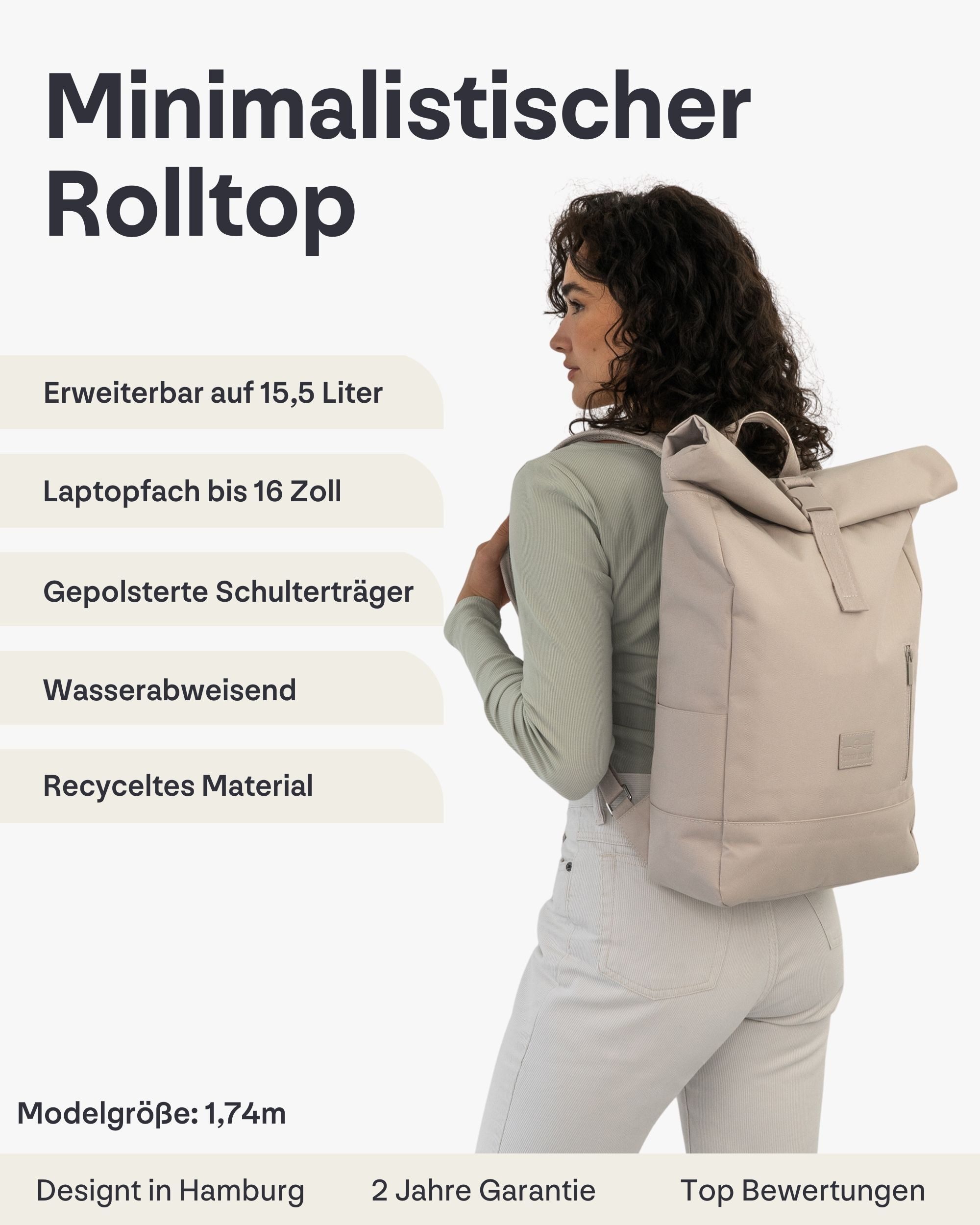 Johnny Urban Cityrucksack Robin Medium, Rolltop Damen Herren, Laptop Fach (1-tlg), Wasserabweisend