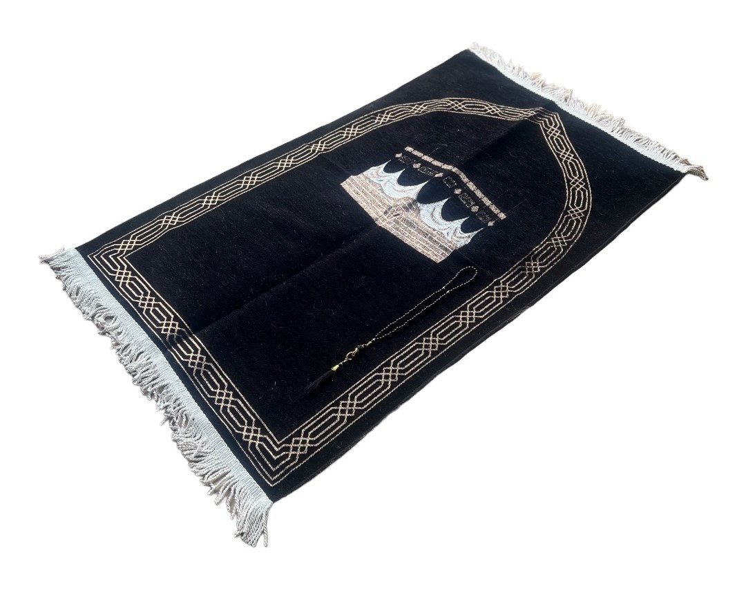 Orientteppich Gebetsteppich Kaaba + Koran + tasbih Gold schwarz dünn Islam Seccade, Lale Collection®, Seccade, Dünn, Schwarz Gold, Kaaba