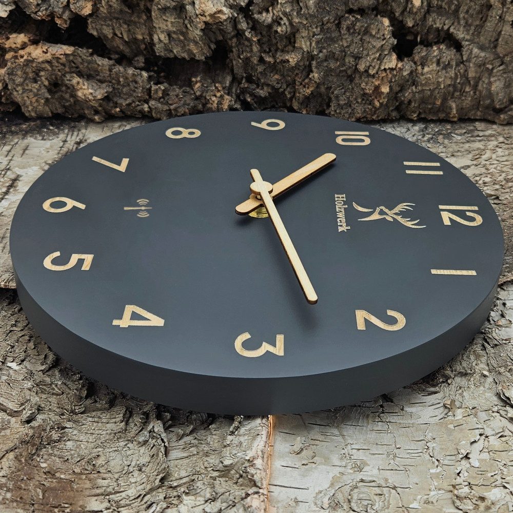 Holzwerk Funkwanduhr moderne Designer Loft Funk Holz Wand Uhr (Nahezu lautloses Uhrwerk, analog, 25 cm)