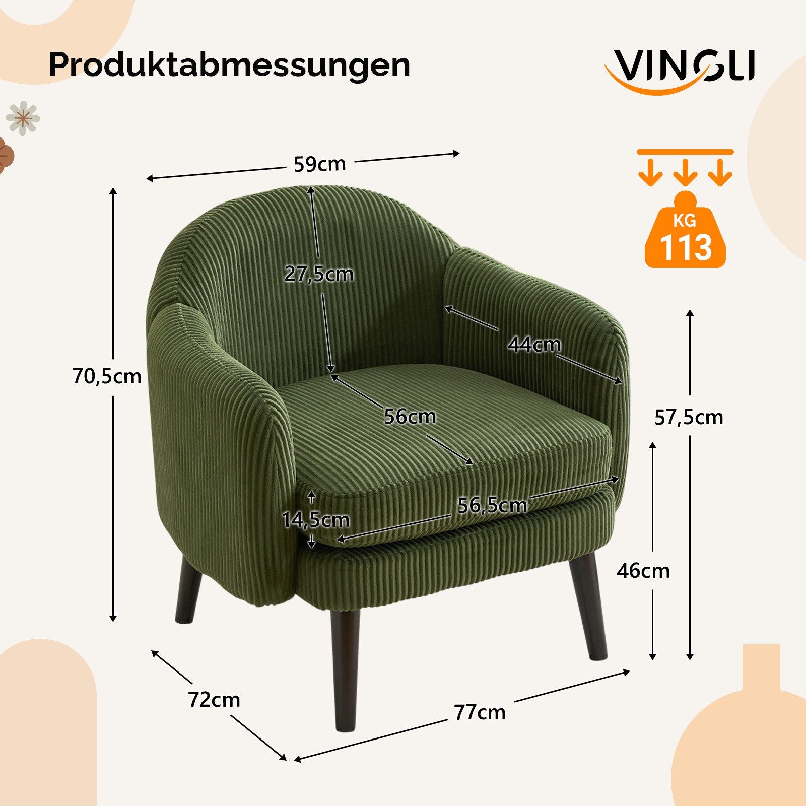 VINGLI Ohrensessel Cocktailsessel aus Cord, Moderner Loungesessel für Wohnzimmer, Holzbeine, Abnehmbares Sitzkissen & Armlehnen – Bild 2 von 5