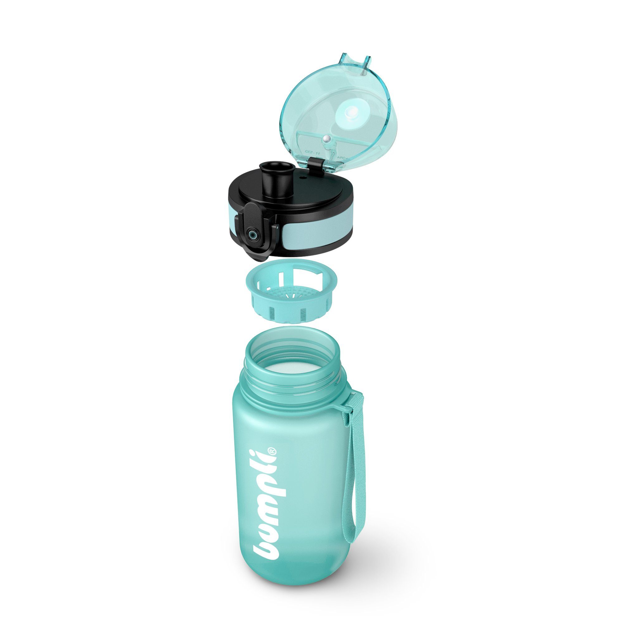 Mint & auslaufsicher, (softTouch) Trinkflasche Trinkflasche 350ml Handschlaufe Sportflasche, Wasserflasche, 1-Klick-Verschluss BPA-frei, bumpli® Kinder