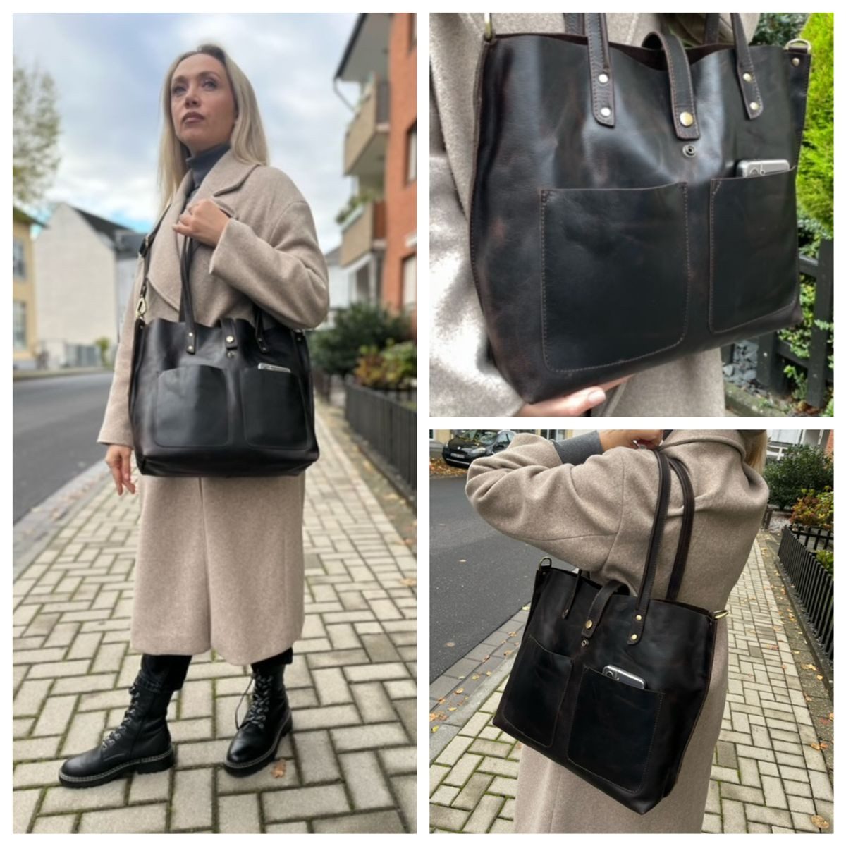Corno d´Oro Schultertasche Damen Leder Groß Handmade Shopper braun, mit bre günstig online kaufen