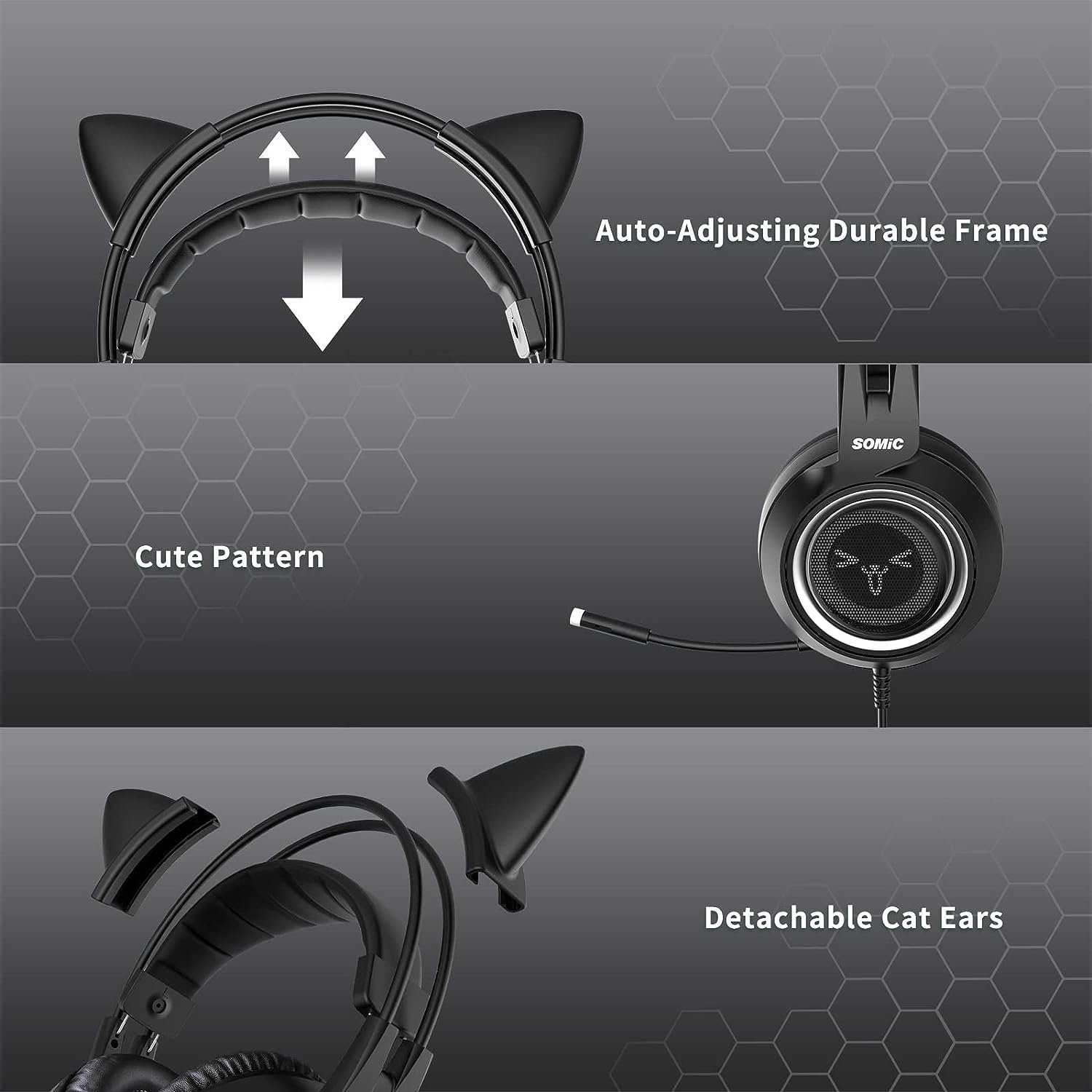 Somic G951S Gaming-Headset (Abnehmbares Inline-Steuerung, Männer Mikrofon Gaming-Headset mit 3,5-mm-Kabel) mit und für Geräuschunterdrückung Katzenohr-Headset mit Jungen und und Stereo-Surround-Sound