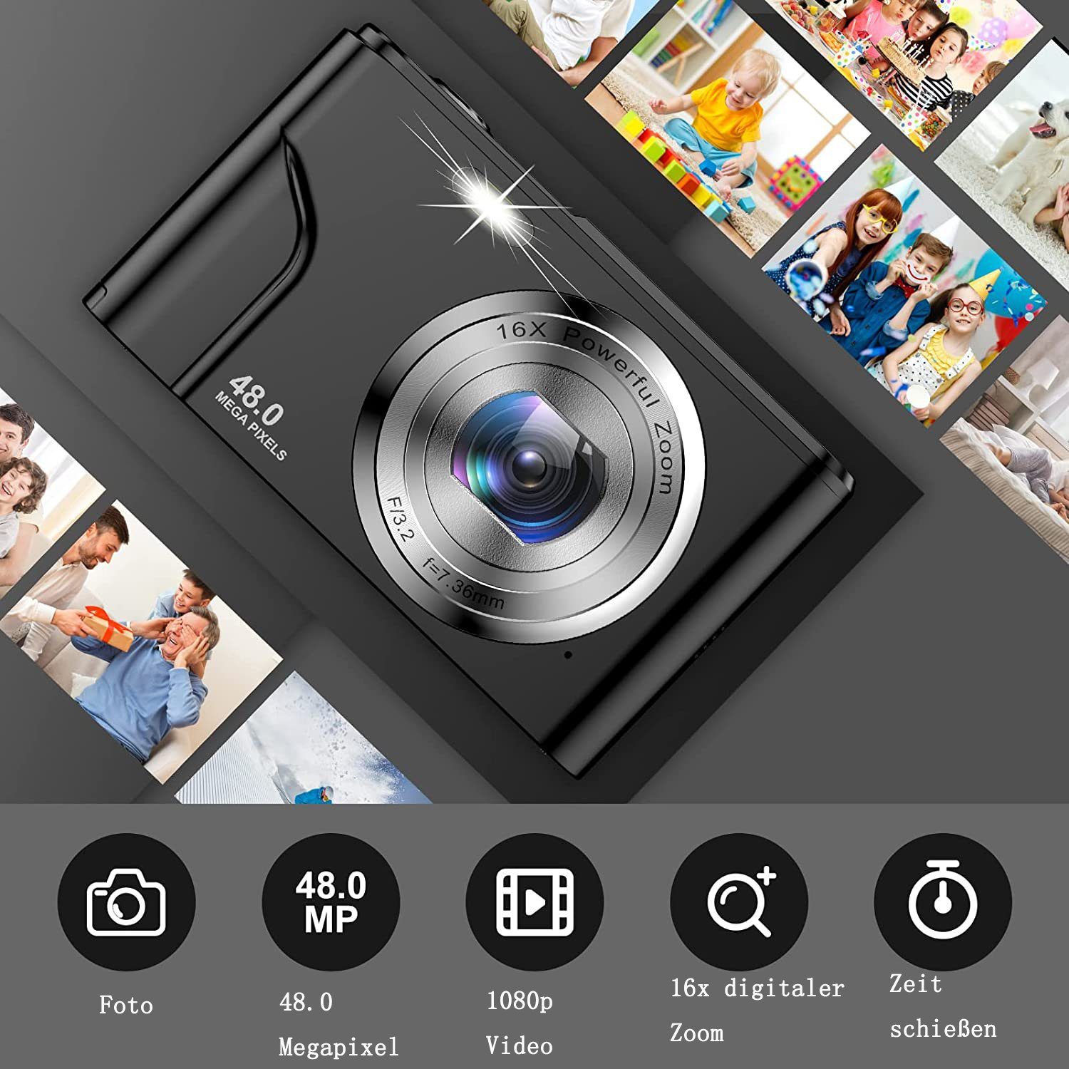 GelldG Digitalkamera Fotokamera Autofokus mit 32GB Karte 1080P 48MP  HD-Kamera