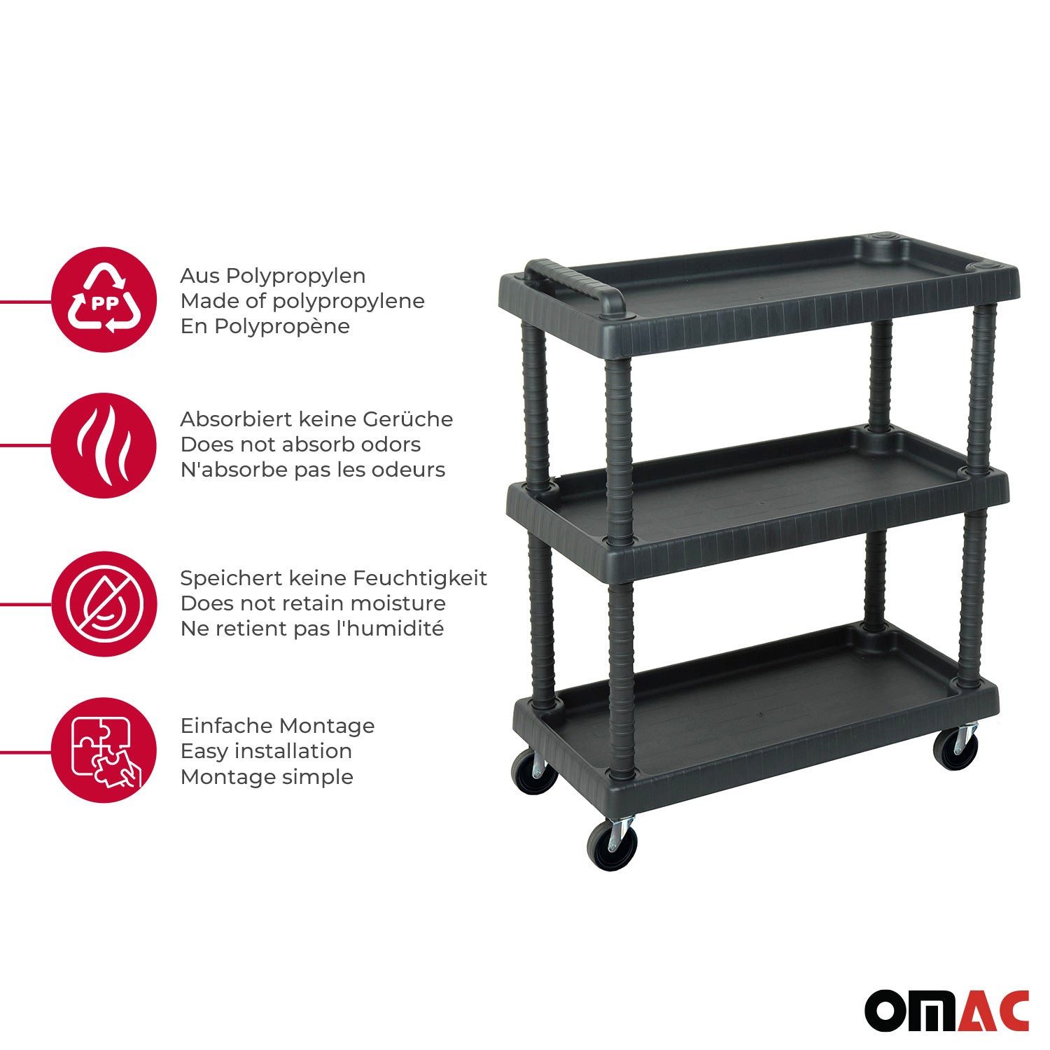 OMAC Werkstattwagen Rollwagen 3 Etagen Rollen Trolley Werkstattwagen Schwarz 40 kg, (1-tlg), Verstellbar I Langlebig I Einfacher Einbau und schnelles Abnehmen