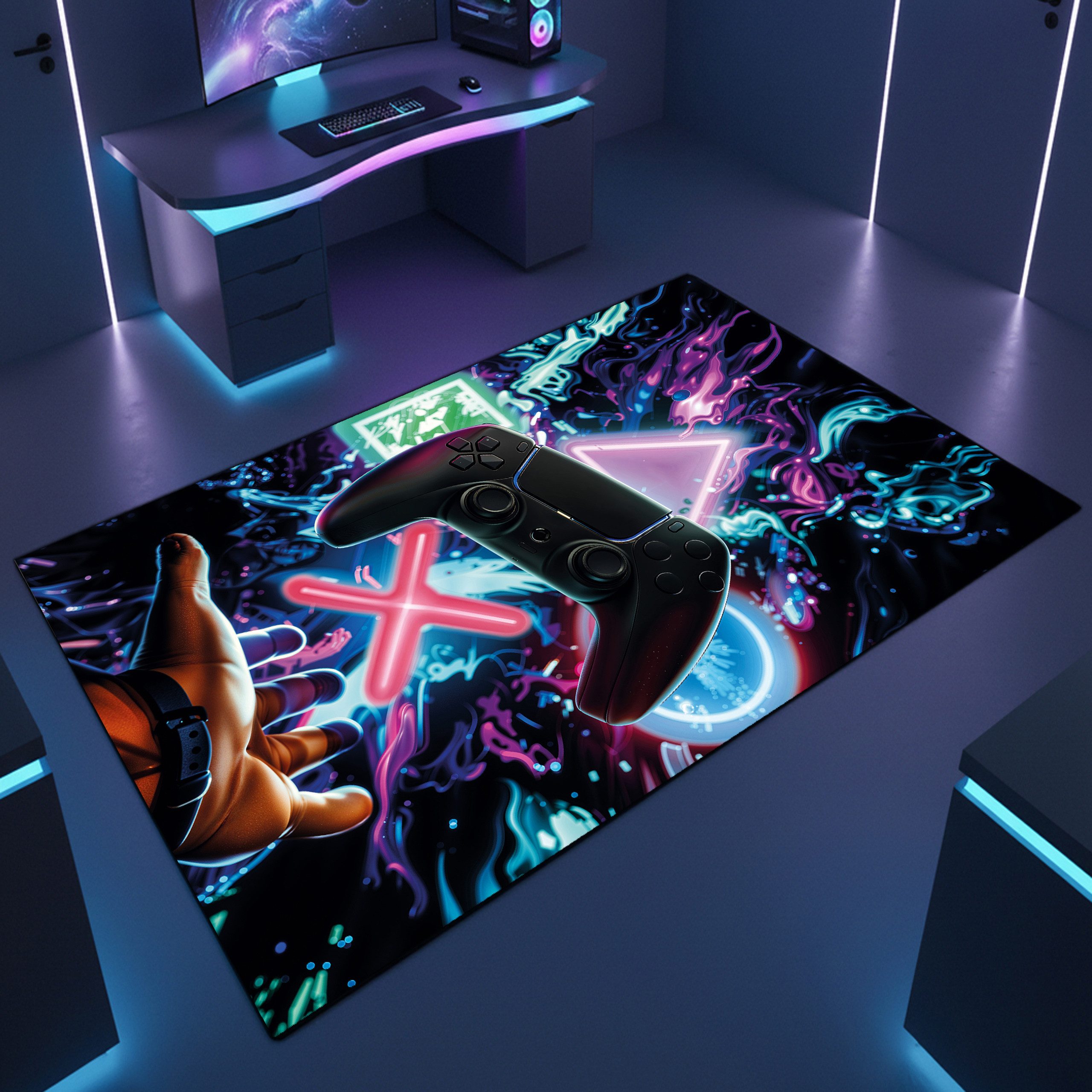 TeppichHome24 Teppich Gaming Teppich mit neonfarbigen Symbolen, rechteckig, pflegeleicht, gleichmäßige Oberfläche, für Fußbodenheizung geeignet
