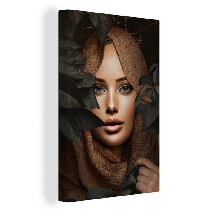 OneMillionCanvasses® Leinwandbild Frau - Kopftuch - Natur (1 St) Leinwand Bilder für Wohnzimmer Schlafzimmer