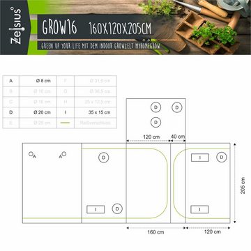 Zelsius Gewächshaus Grow Tent 160 x 120 x 205 cm schwarz/grün Pflanzenzucht Indoor
