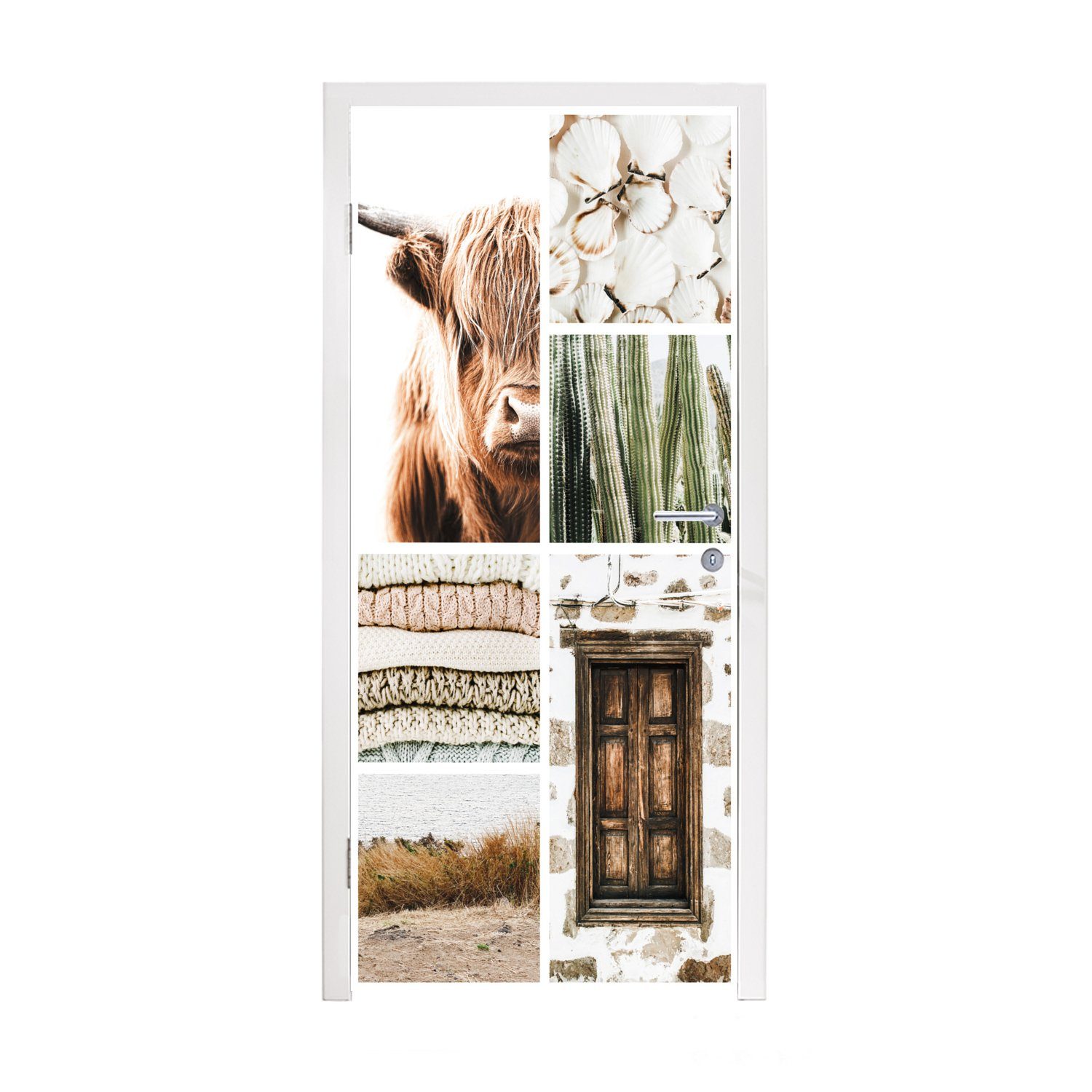 MuchoWow Türtapete Schottischer Highlander - Collage - Kaktus, Matt, bedruckt, (1 St), Fototapete für Tür, Türaufkleber, 75x205 cm