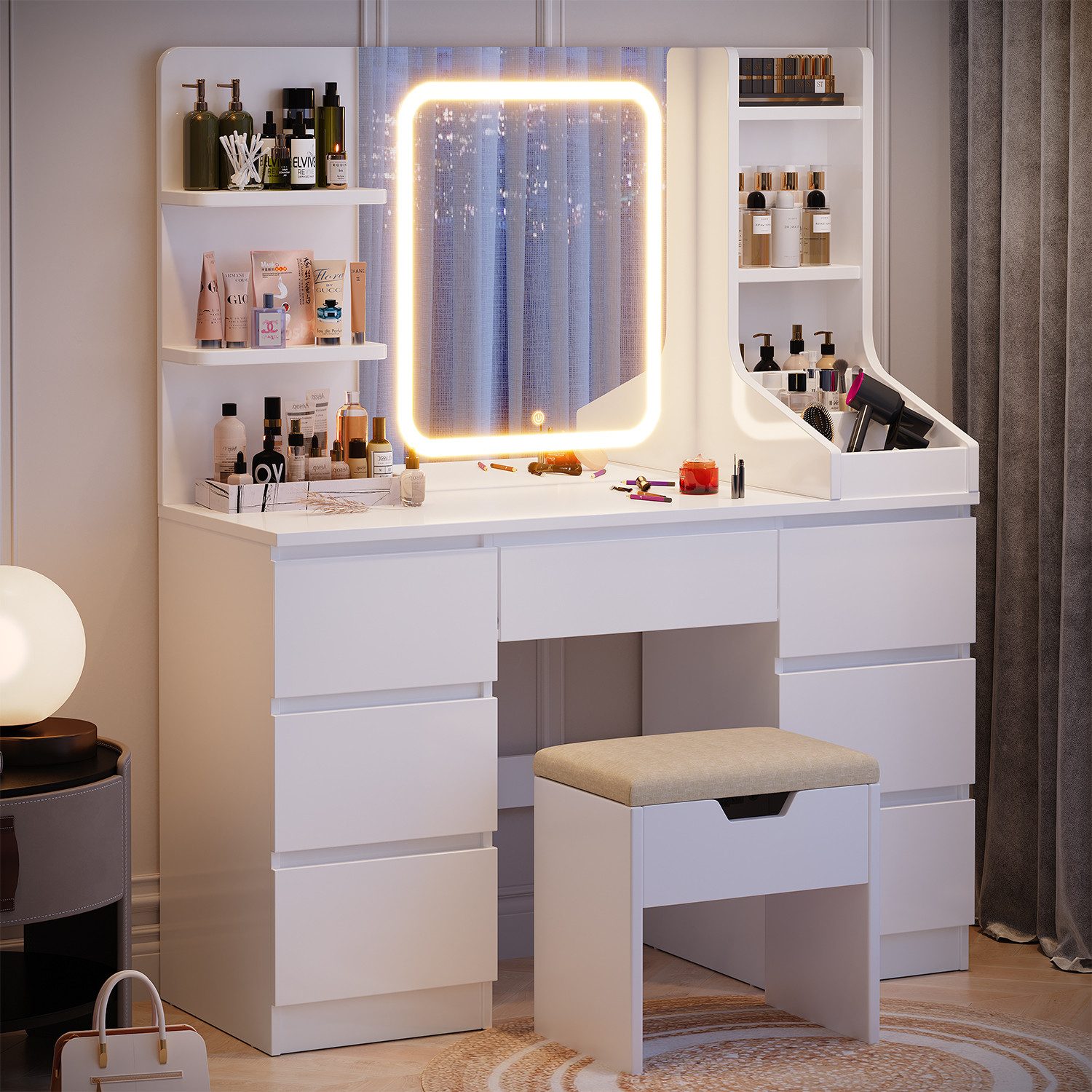 HOMALL Schminktisch Schminktisch mit Spiegel und LED Mit 7 Schubladen und 8 günstig online kaufen