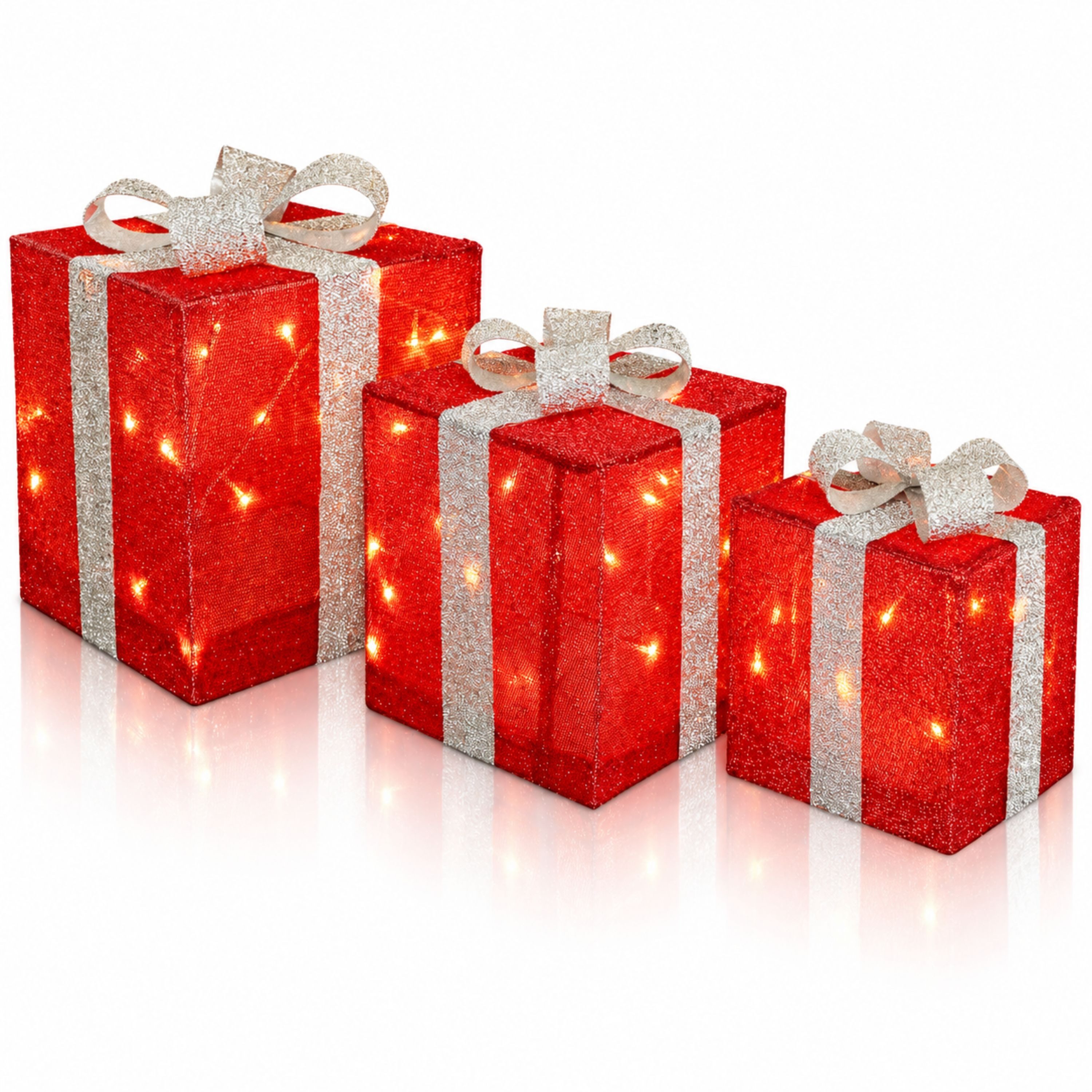 Gartenpirat LED Dekofigur Geschenkboxen mit Schleife 3er-Set Weihnachtsdeko außen innen Timer, Warmweiß/Rot, Timer-und Schalter-Funktion: Schalter mit 3 Funktionen (ON/OFF/TIMER)