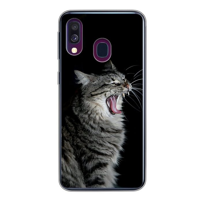 MuchoWow Handyhülle Gaffende Katze Handyhülle Samsung Galaxy A40 Smartphone-Bumper Print Handy