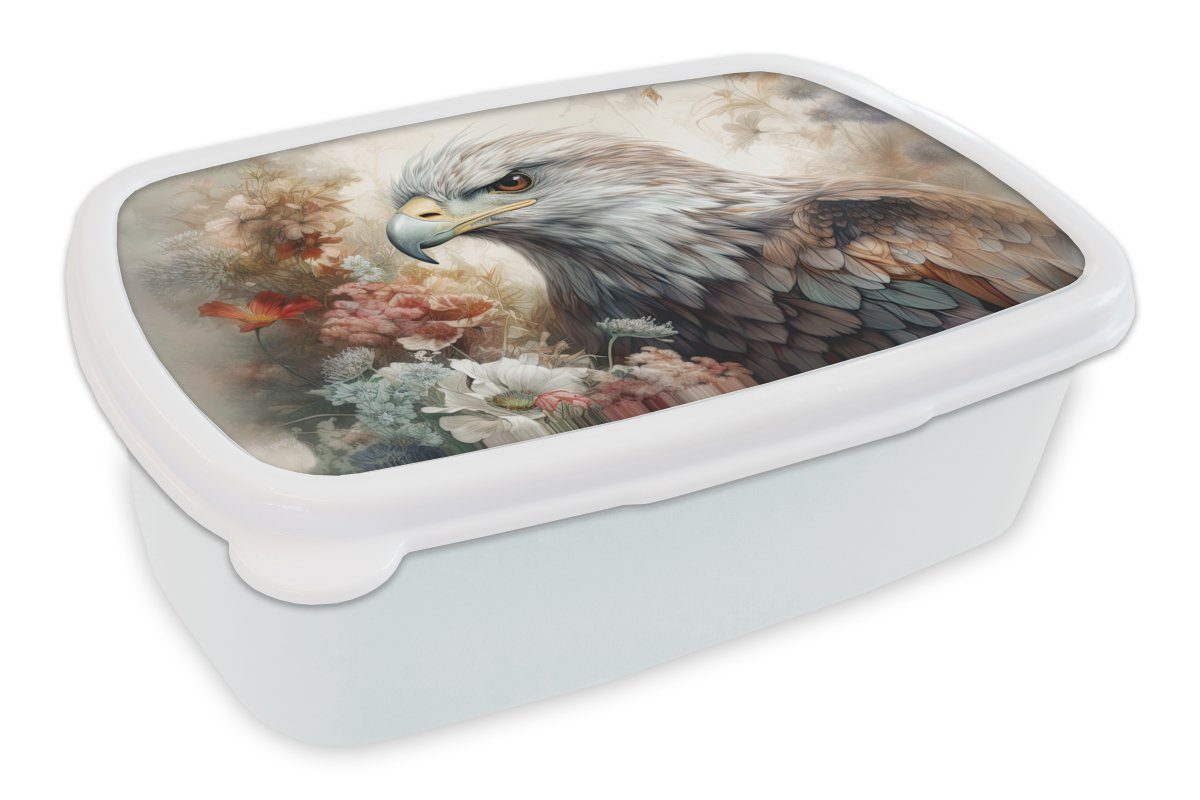 MuchoWow Lunchbox Adler - Adler - Vogel - Blumen - Natur, Kunststoff, (2-tlg), Brotbox für Kinder und Erwachsene, Brotdose, für Jungs und Mädchen weiß