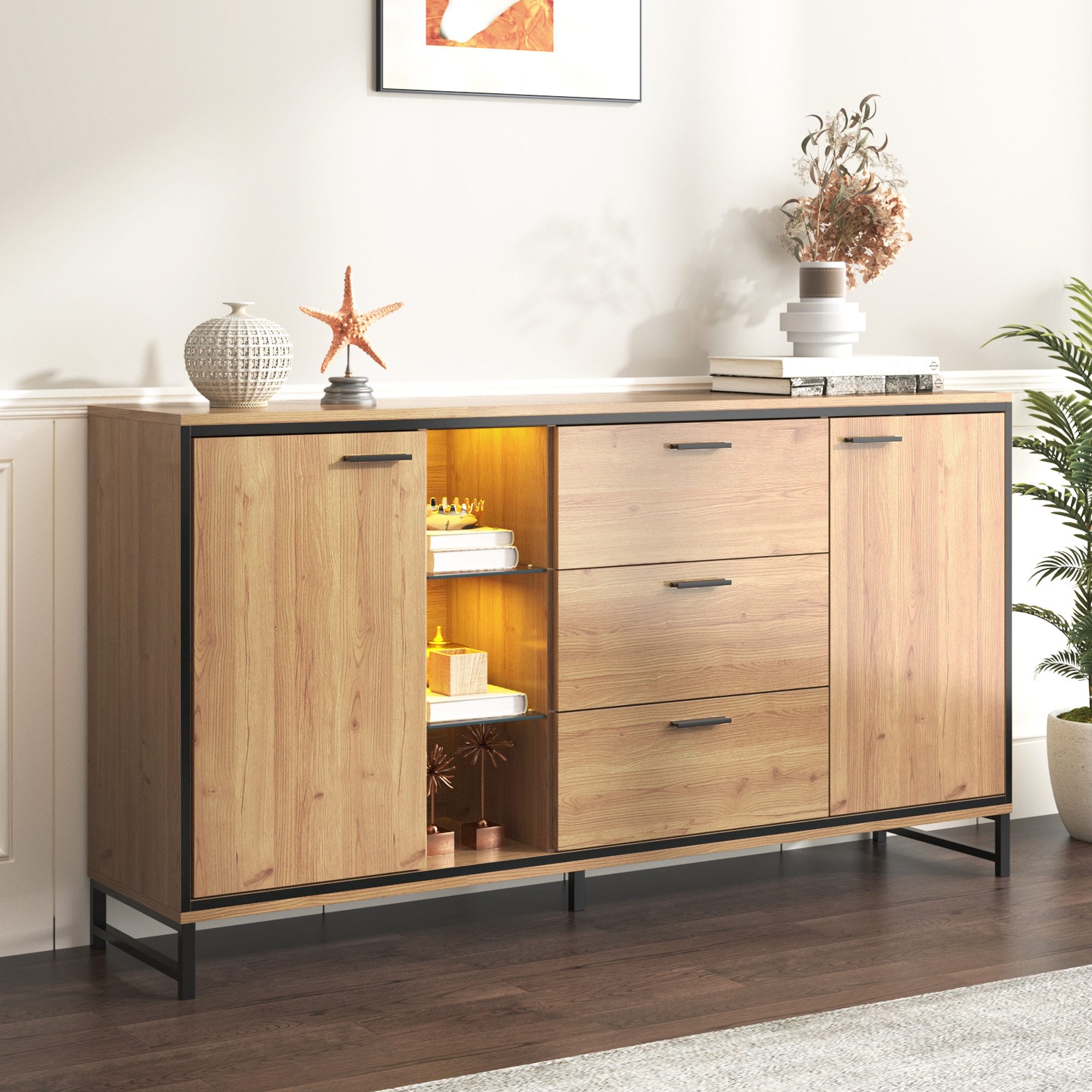 Merax Sideboard mit LED-Beleuchtung und Glasablagen, (1 St), Kommode Holz m günstig online kaufen