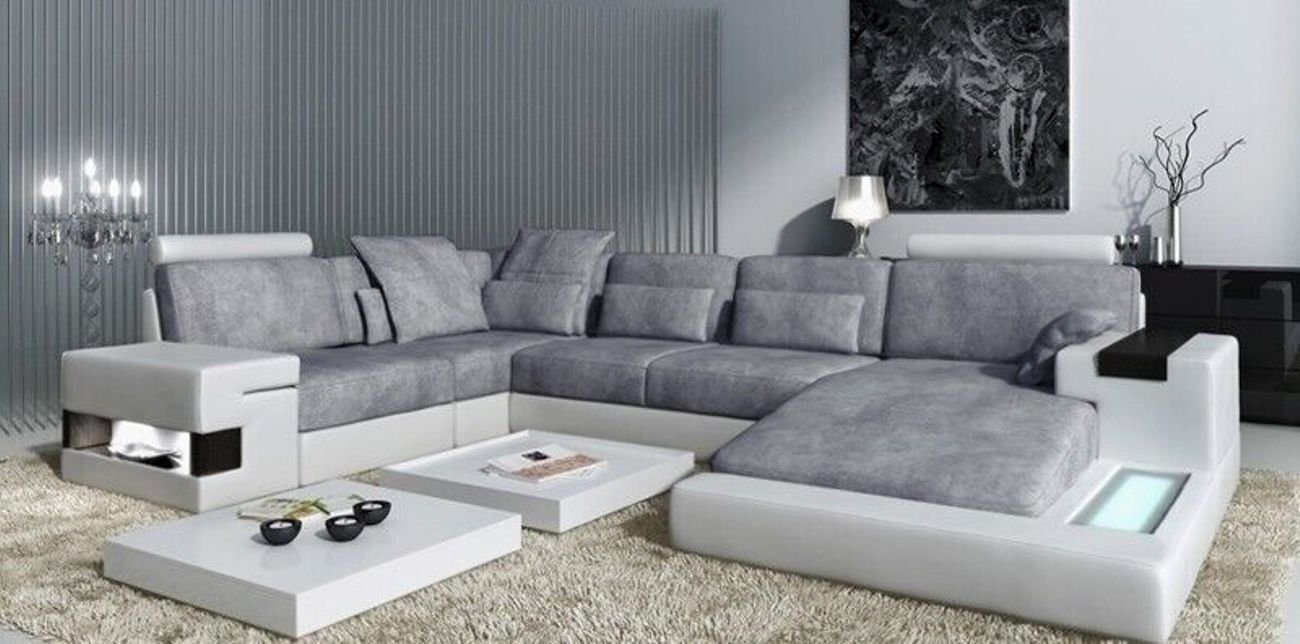 JVmoebel Ecksofa Textil Sofa USB Polster Eckcouch Garnitur Wohnlandschaft Ledersofa Silber