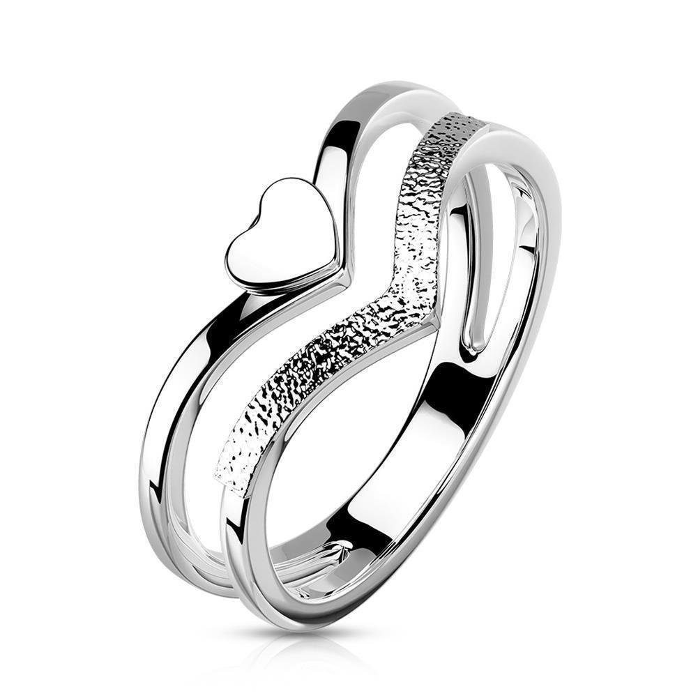 BUNGSA Fingerring Damenring doppelte Ringschiene Herz sandgestrahlt Silber aus Edelstahl (Ring, 1-tlg), Damen