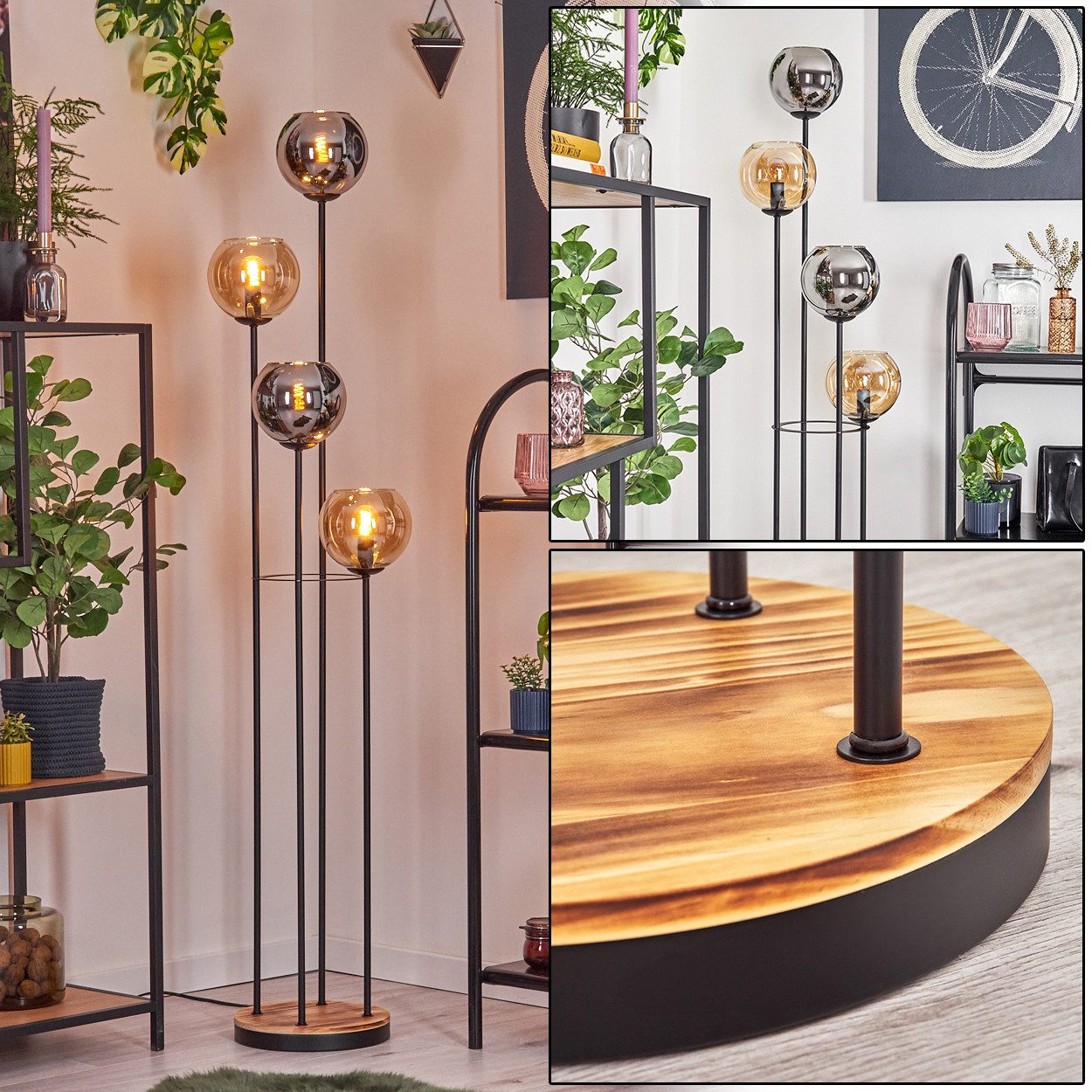 hofstein Stehlampe Stehlampe aus Metall/Holz/Glas in Schwarz/Natur/Chrom/Ra günstig online kaufen