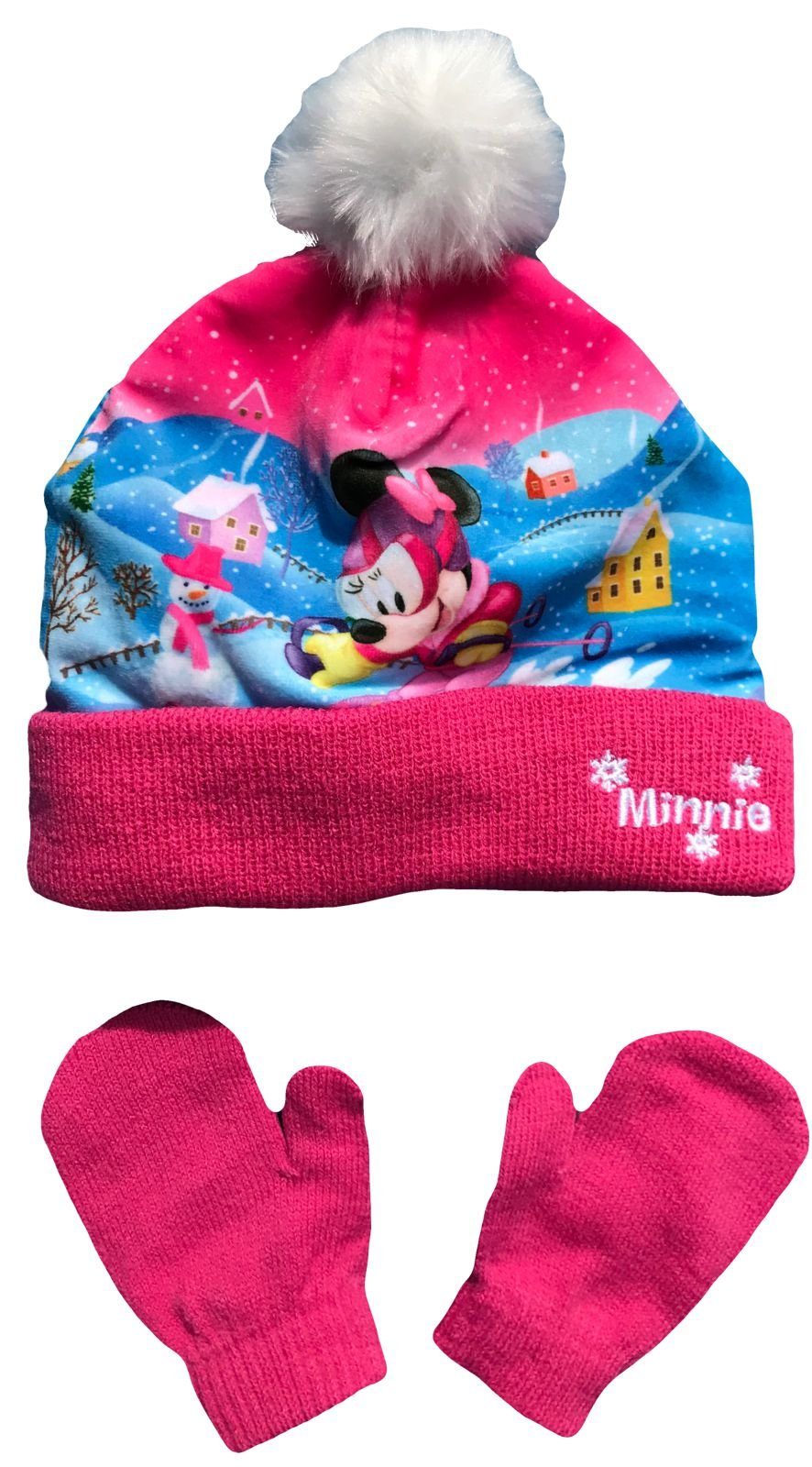 Disney Baby Bommelmütze Minnie Mouse Mütze Mädchen Set Wintermütze + Handschuhe Mädchen pink oder rosa Gr. 48 und 50 cm