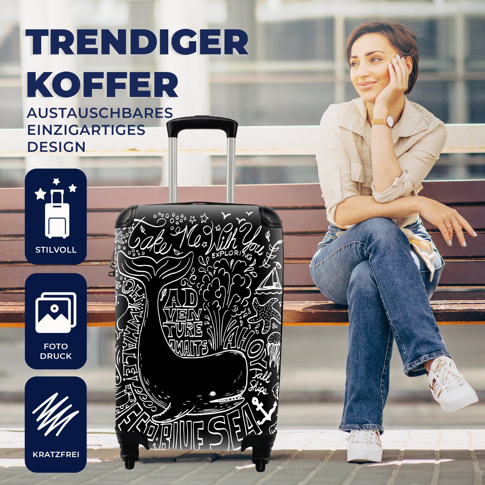 MuchoWow Illustration mit 4 Texte, und Wals Rollen, für eines Handgepäckkoffer Trolley, rollen, Reisekoffer Handgepäck Ferien, Reisetasche