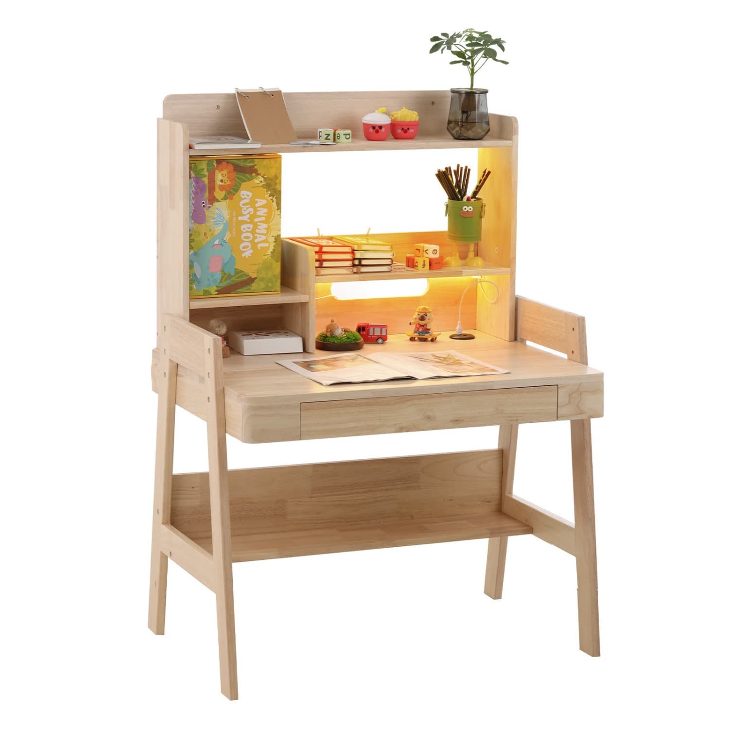 ANYSUN Kinderschreibtisch aus Massivholz Höhenverstellbarer mit LED-Lichtleiste,Schublade,Natur (1 Tish mit Obere Ablagen für Kinder ab 6 Jahren,Belastbar bis 50 kg), Kindertisch mit USB Anschluss,Stauraum,Offene Regale,84x60x117-127cm
