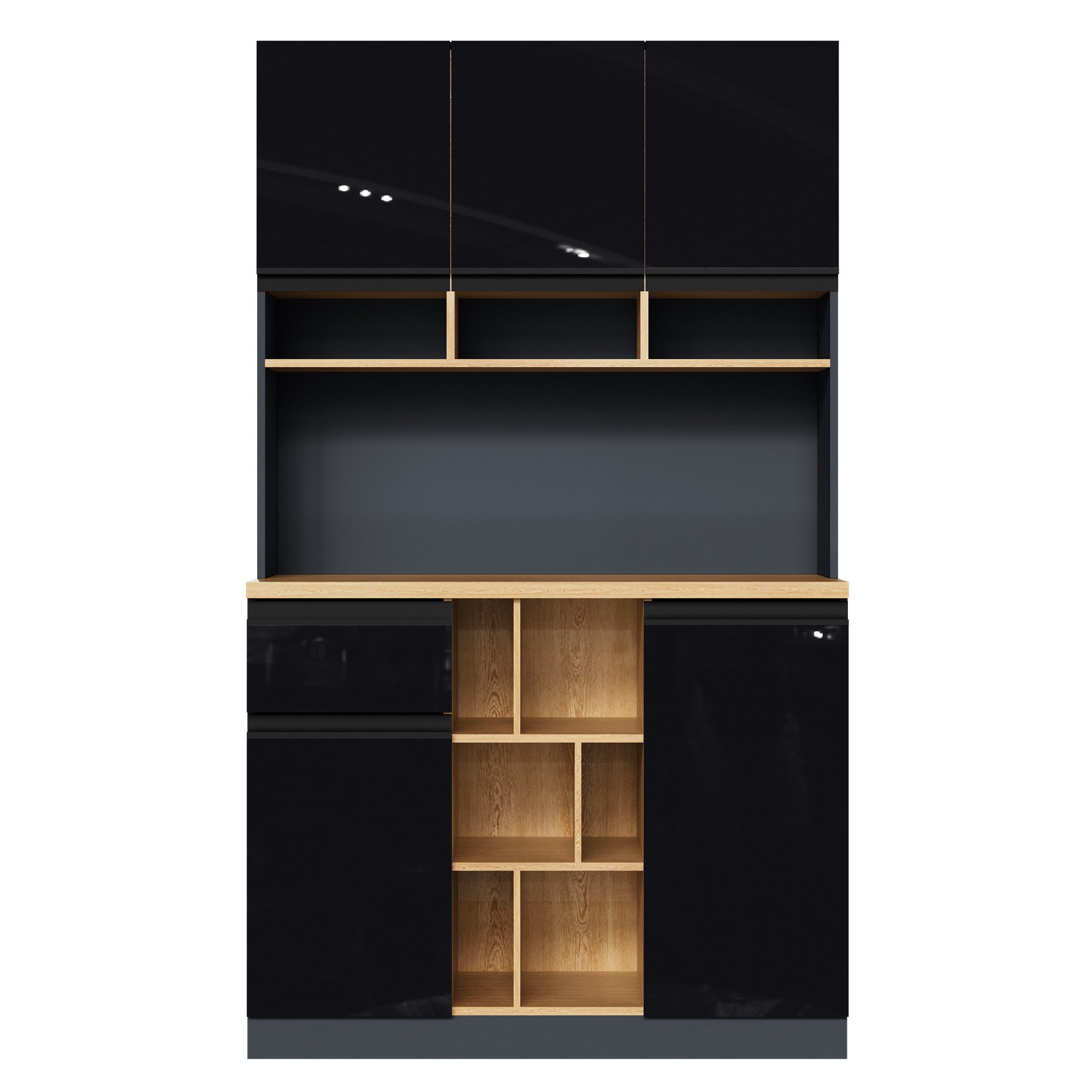 Flieks Küchenbuffet mit verstellbare Ablagen Hochschrank Hochglanz (1-St., B105/T45/H185 cm) Küchenschrank Geschirrschrank mit Schubladen und Stauraum schwarz – Bild 4 von 5