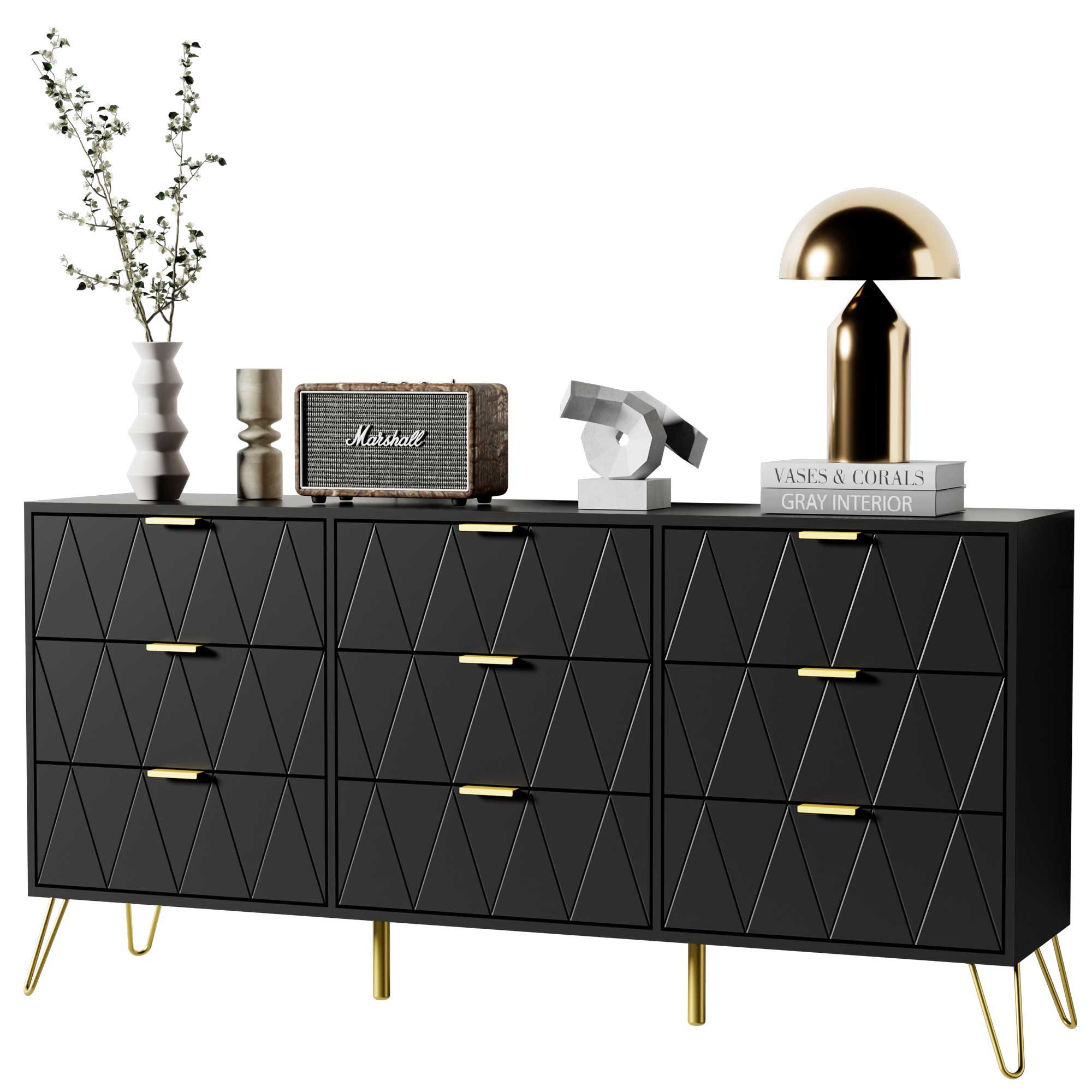 UEV Kommode mit 9 Schublanden, Sideboard groß, TV Board (2 Packung, Schubladenschrank für Wohnzimmer Schlafzimmer,Flur), 150x34x74cm Aufbewahrungsschrank Schmal kommode Buffet modern