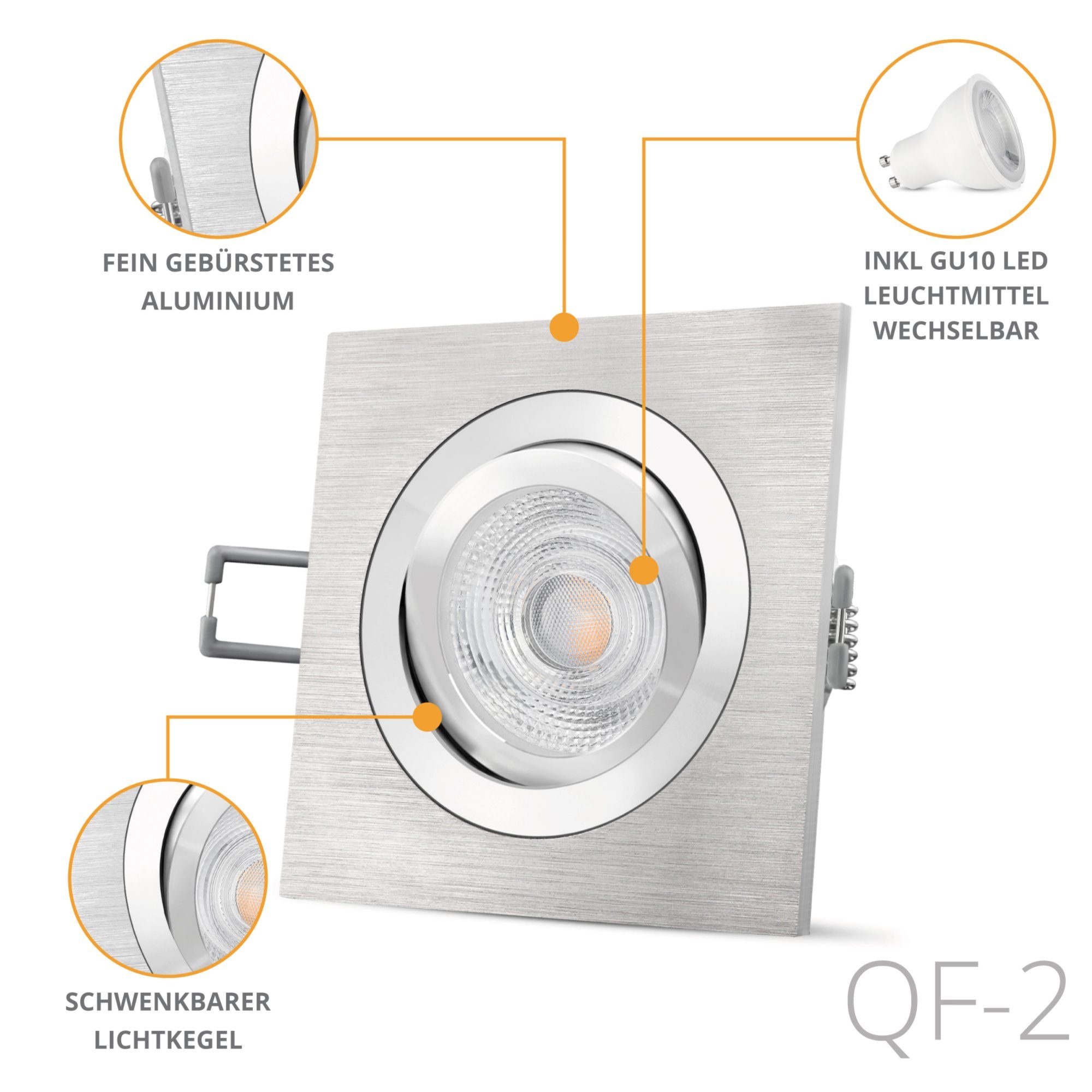 Alu Einbaustrahler quadratische gebuerstet schwenkbar, SSC-LUXon LED LED Warmweiß QF-2 Einbauleuchte