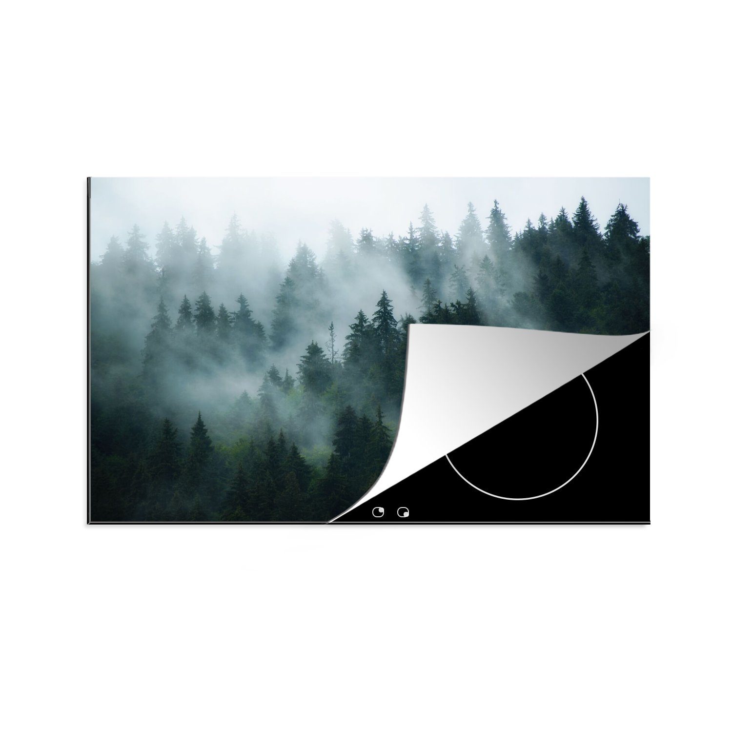 MuchoWow Herdblende-/Abdeckplatte Nebel - Bäume - Wald, Vinyl, (1 tlg), 80x52 cm, Induktionskochfeld Schutz für die küche, Ceranfeldabdeckung | Herdabdeckplatten