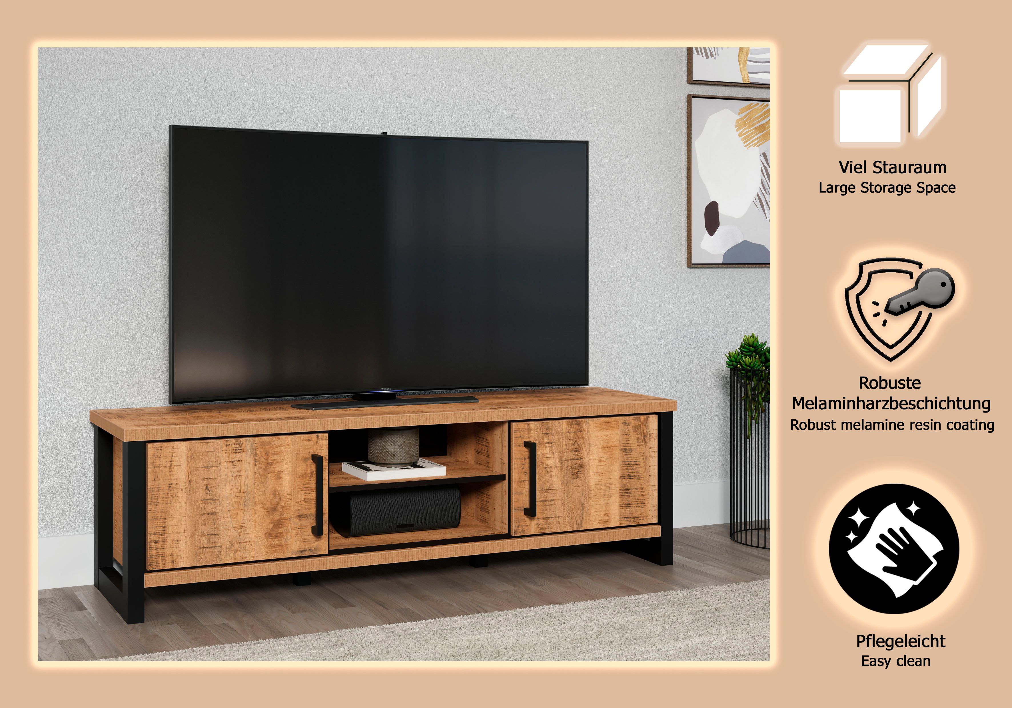 Home affaire Lowboard Elda (1 St), TV Lowboard mit 2 Türen und 2 offenen Fächern – (B/T/H) 166/45/50 cm
