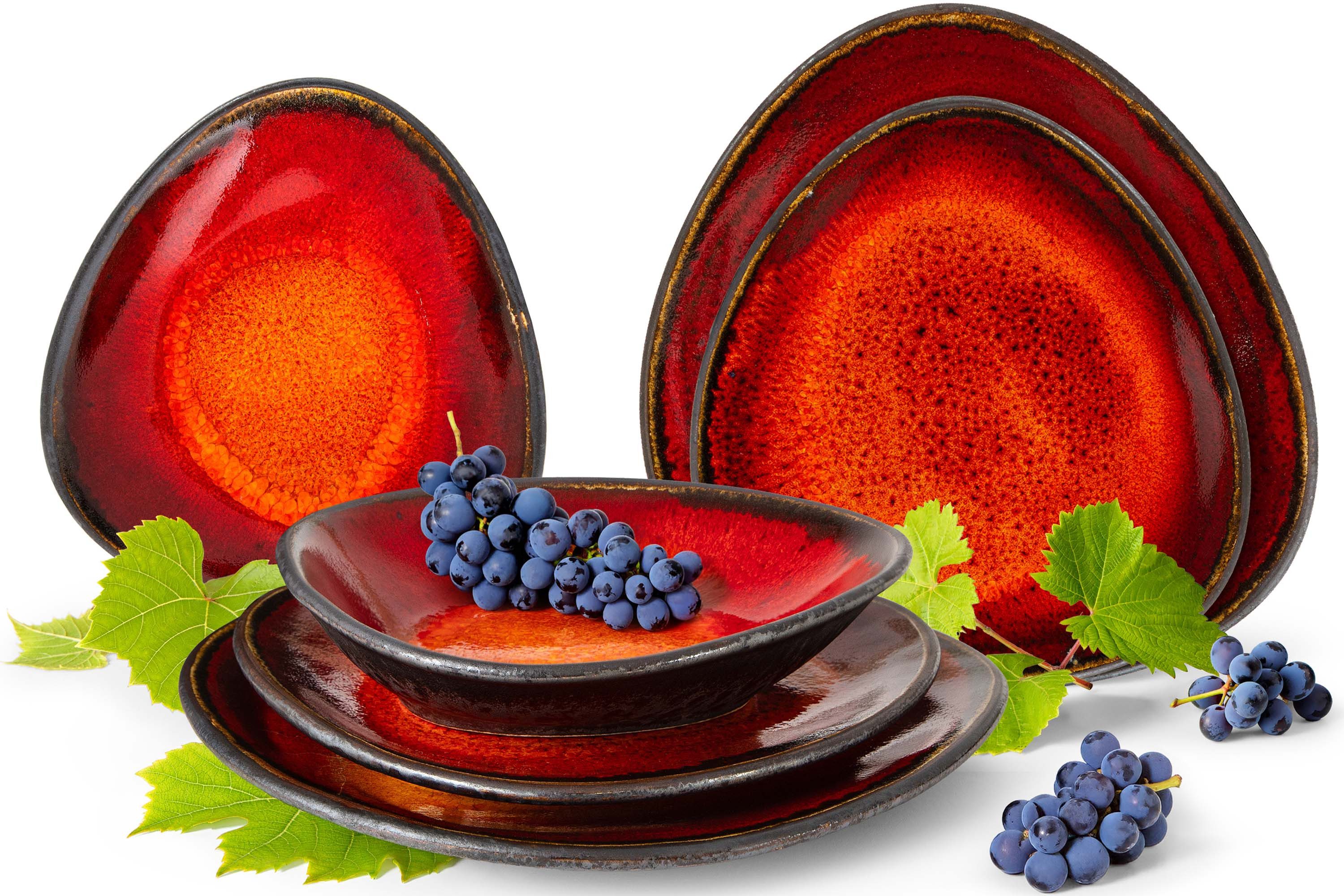 KONSIMO® Tafelservice PRIMA Geschirr-Set für zwei Personen, Premiumqualität aus EU (6-tlg), 2 Personen, Keramik, Jedes Teil ein Unikat, organisch Form, rot/braun